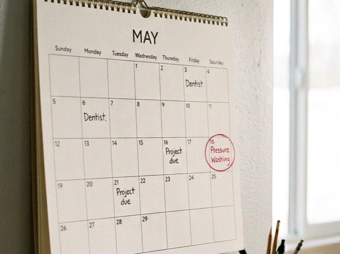 Calendar for May with noted appointments including dentist visits on May 4 and 7, project due dates on May 17 and 21, and pressure washing scheduled on May 25.