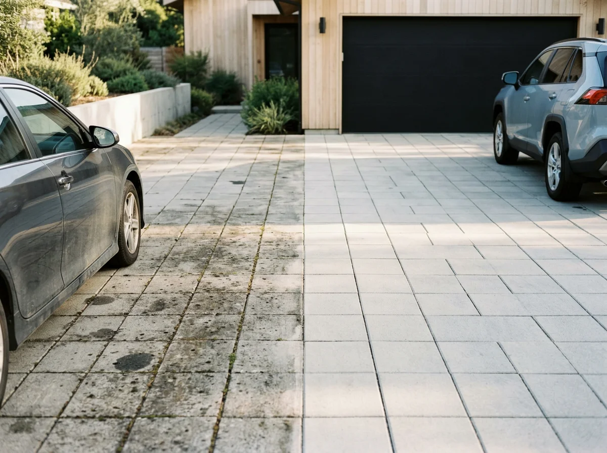 Comparison of dirty and clean driveway paving with parked cars on each side