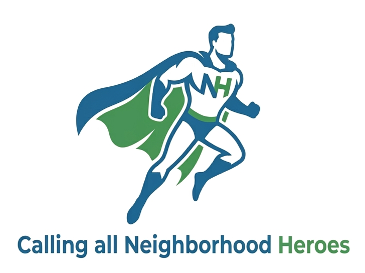 Illustration of a superhero with a blue and green costume, cape, and the letter 'H' on the chest, symbolizing neighborhood heroes.