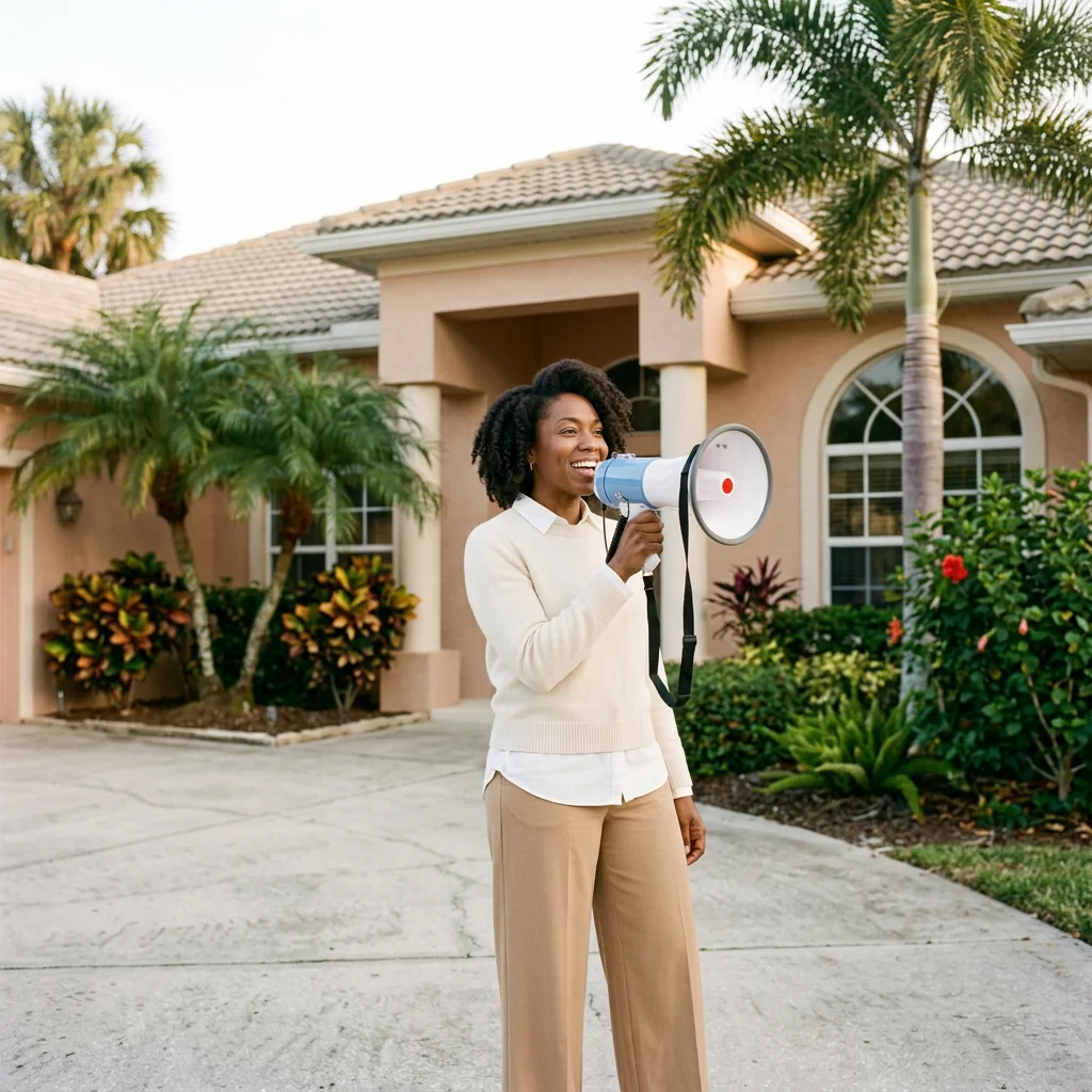 A woman holding a megaphone and smiling standing outside a house with palm trees and lush greenery.