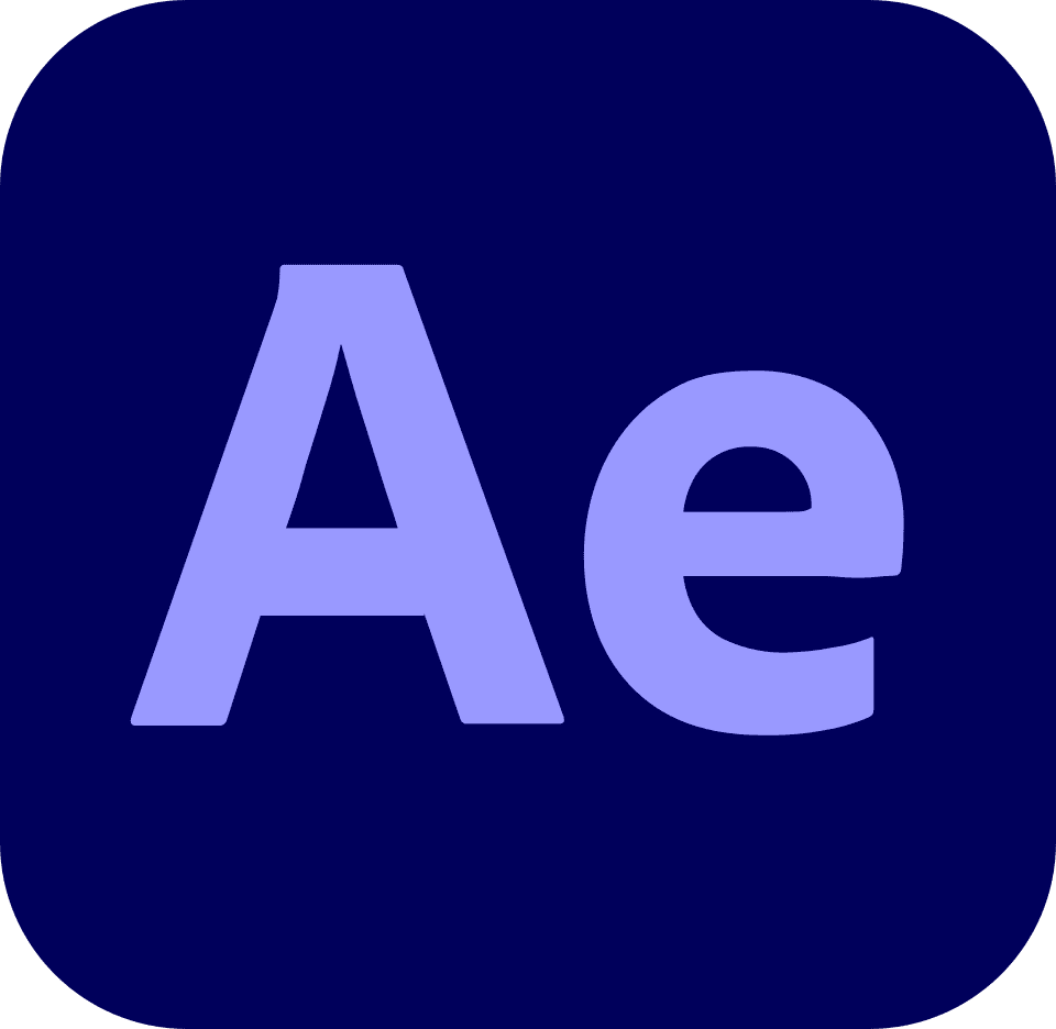 Icono de Adobe After Effects en azul oscuro con las letras A y e en color lila claro.