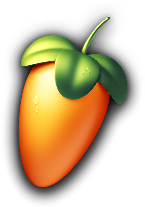 Ilustración digital de un mango de color naranja con hojas verdes y gotitas de agua sobre él, con fondo negro.
