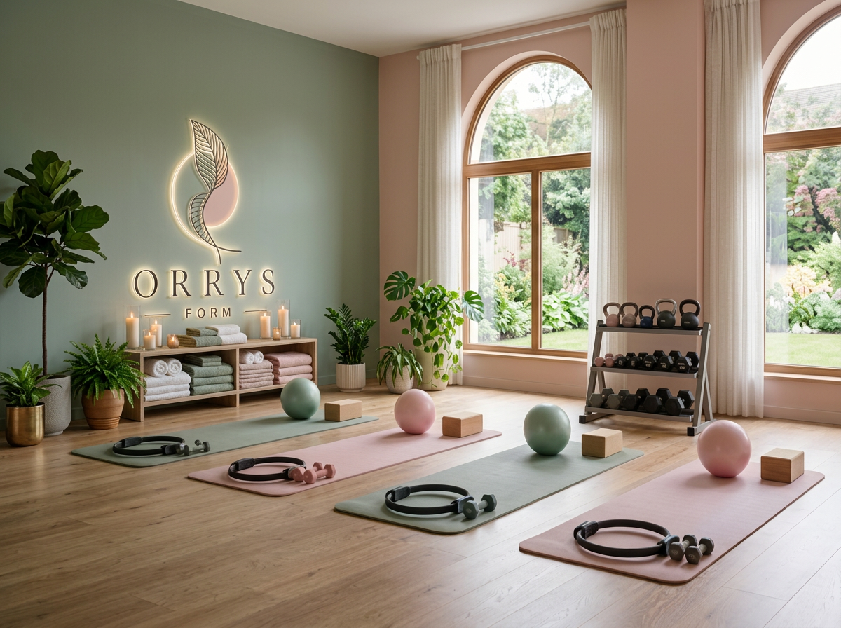 Sunlit yoga studio with three mats, exercise balls, hand weights, and resistance rings, decorated with plants, candles, and a wall sign reading 'ORRYS FORM' with a feather logo.