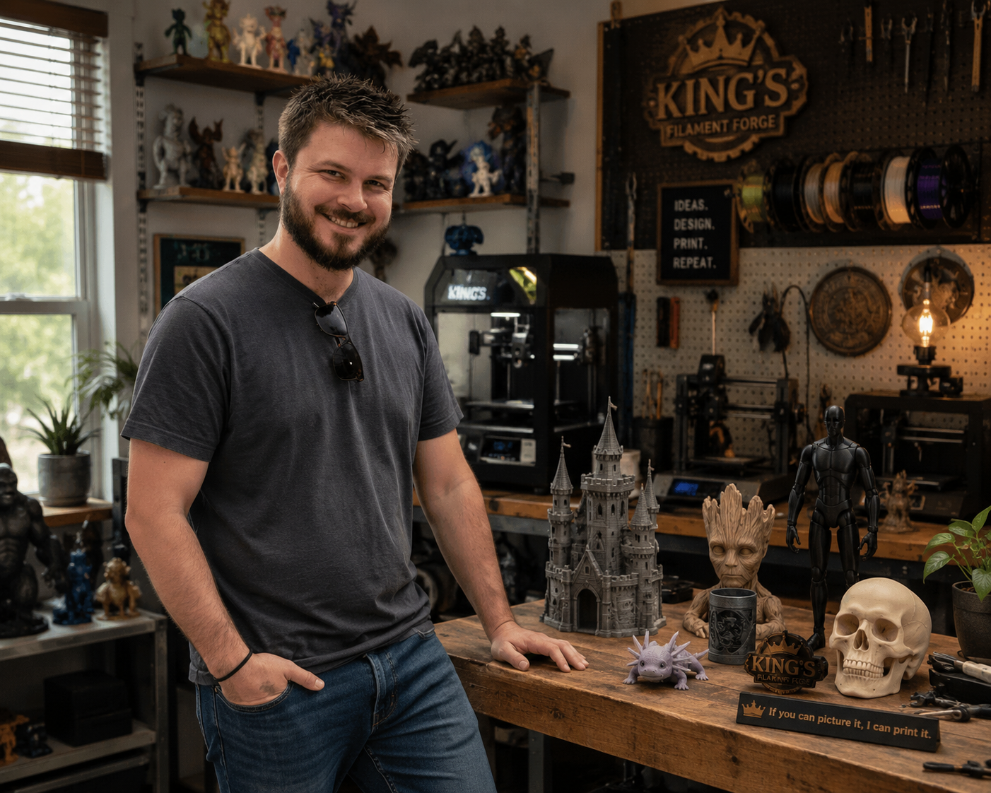 A smiling man with sunglasses hanging on his shirt stands in a workshop with models, sculptures, and 3D printers, with shelves and tools in the background.