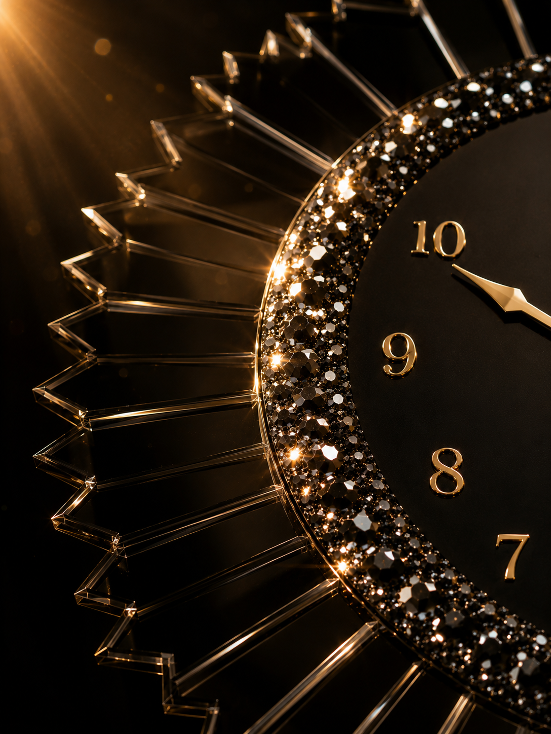 Close-up of a luxurious black and gold clock with a glittering, sequined bezel and clear glass hour markers, partially showing.