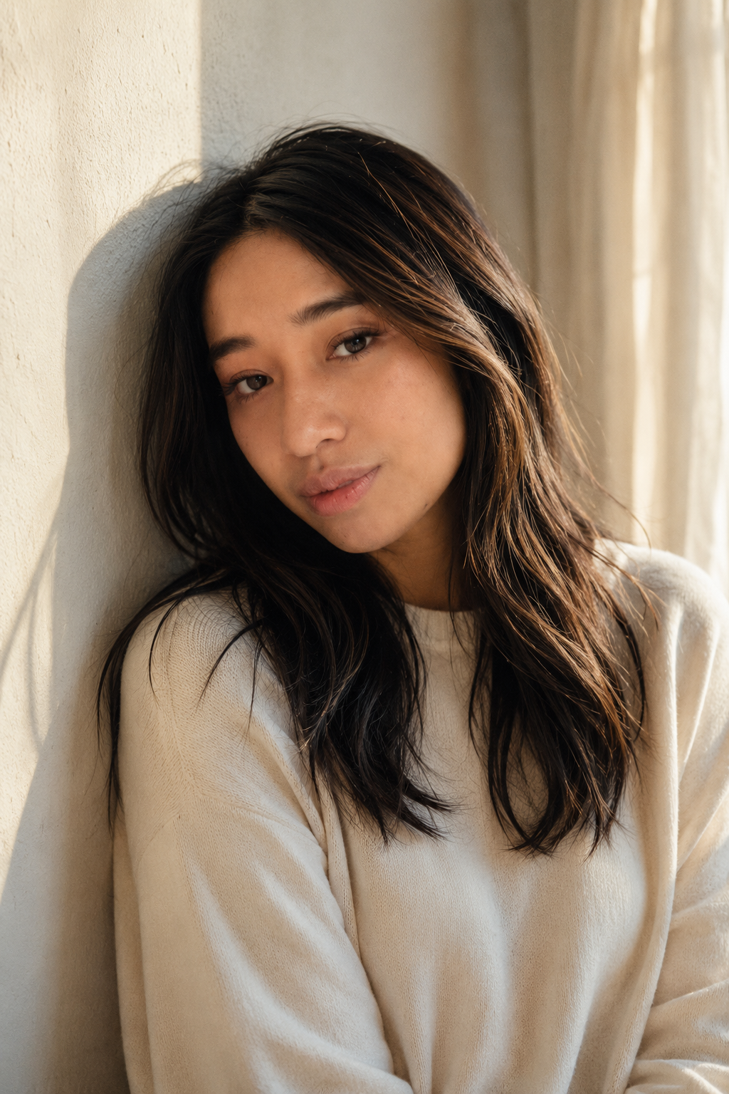 A young woman with long dark hair and light skin leaning against a wall near a window with curtains.