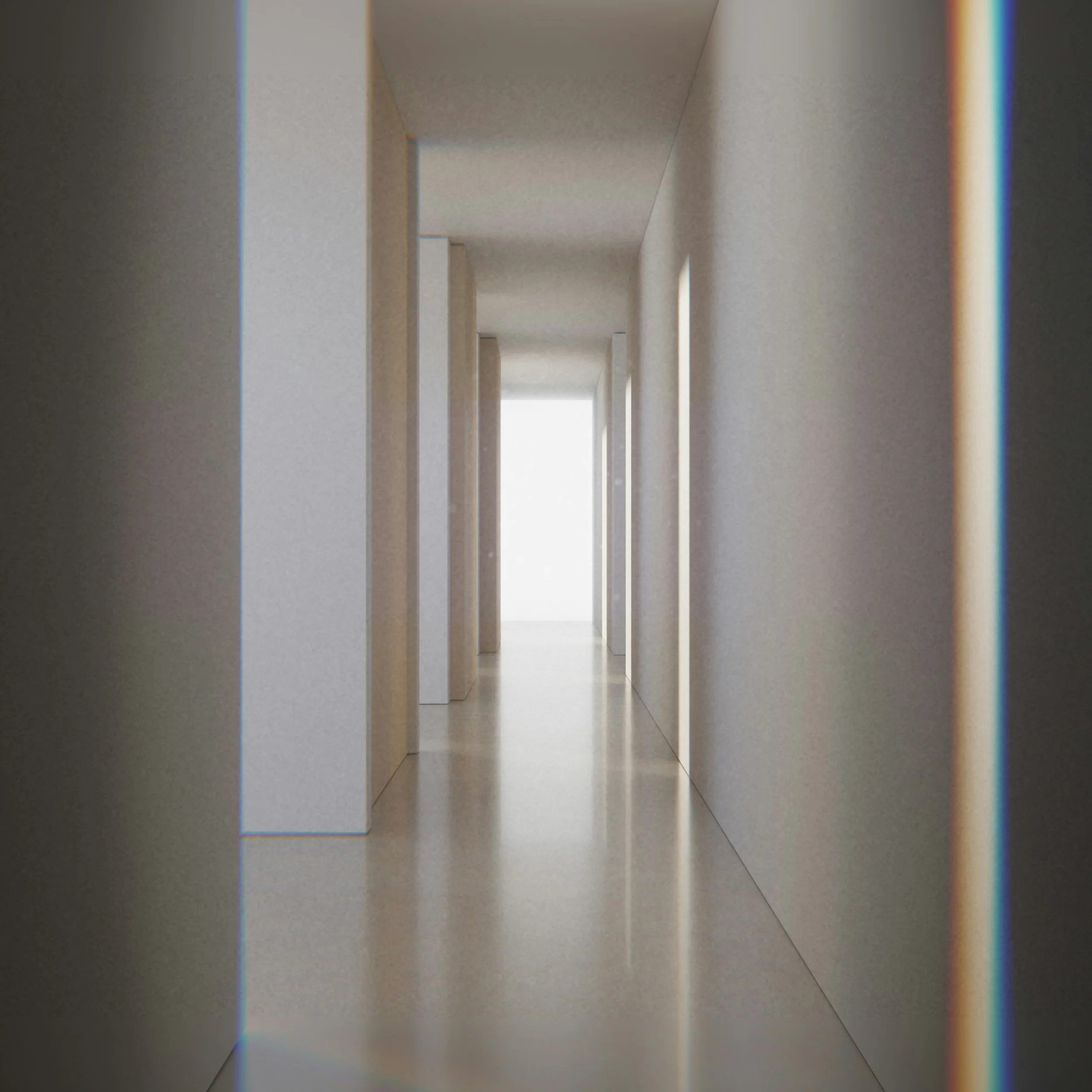 A view down a narrow hallway with light-colored walls and ceiling, illuminated by natural light from a window at the far end.