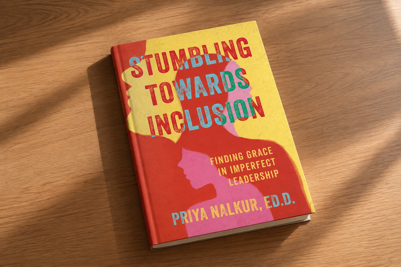 Book titled 'Stumbling Towards Inclusion: Finding Grace in Imperfect Leadership' by Priya Nalkur, Ed.D., with colorful cover design featuring overlapping silhouettes of a woman and a child.