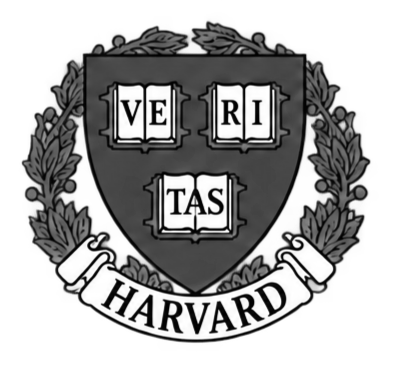 Harvard University emblem with a shield featuring open books and the Latin word 'Veritas' inside, surrounded by a laurel wreath and a banner with 'Harvard'