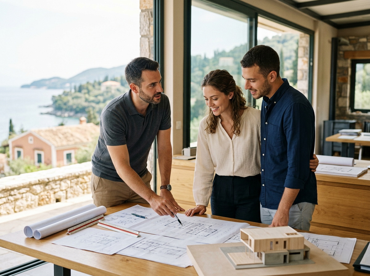 Three people review architectural blueprints and a scale model of a house in a well-lit room with large windows overlooking a scenic ocean view.