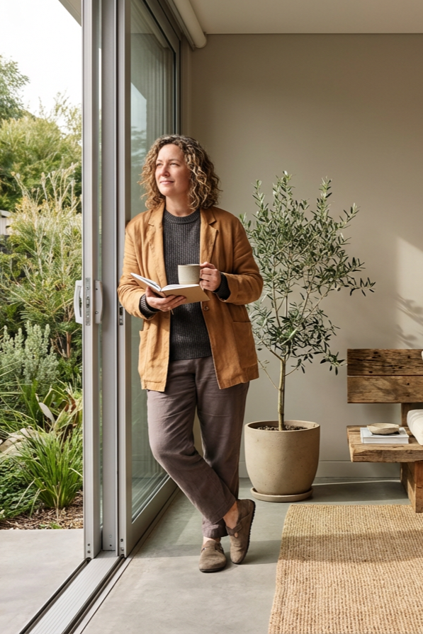 A woman with curly hair standing by a sliding glass door, holding a cup and an open book, gazing outside in a cozy, modern indoor space with a potted plant and outdoor garden visible.