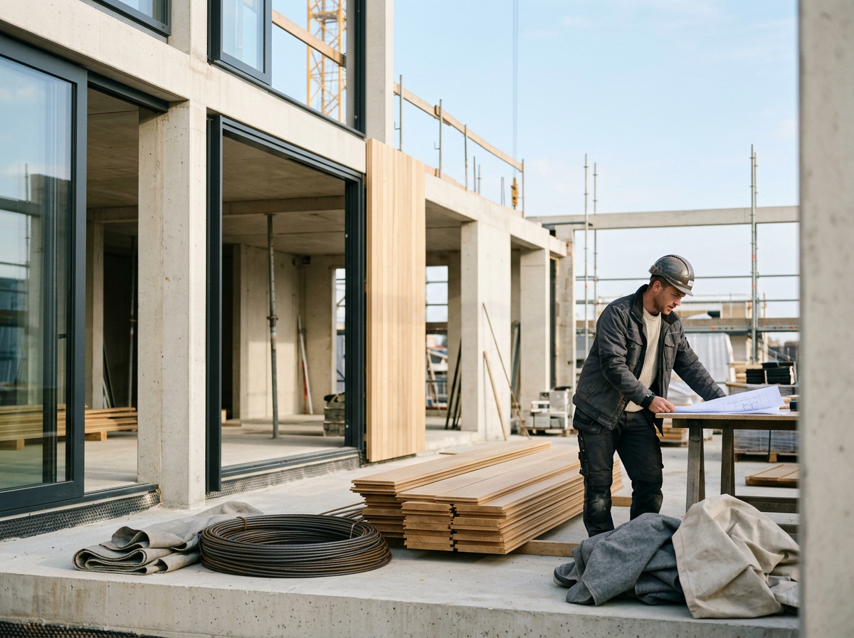 A construction worker wearing a hard hat and jacket reviews plans at a construction site with wooden panels, metal rods, and scaffolding in the background.