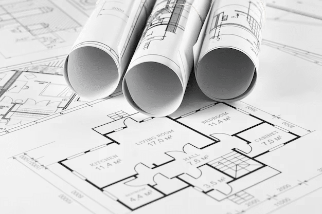 Blueprints with rolled architectural plans on top of a detailed house floor plan.