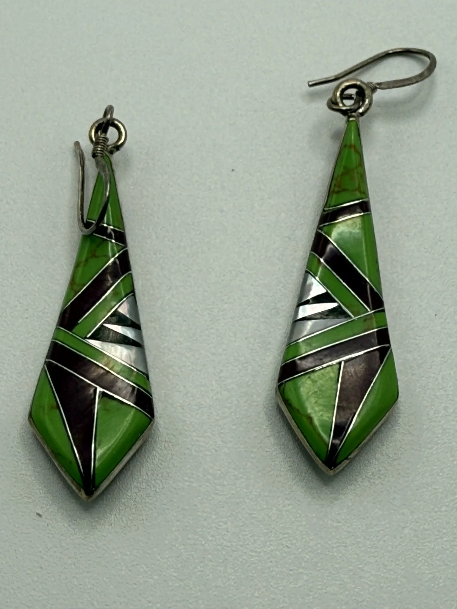 Handcrafted Double-Sided Sterling Silver Earrings with Gaspeite, Sugilite, Mother of Pearl, and Onyx Inlay
