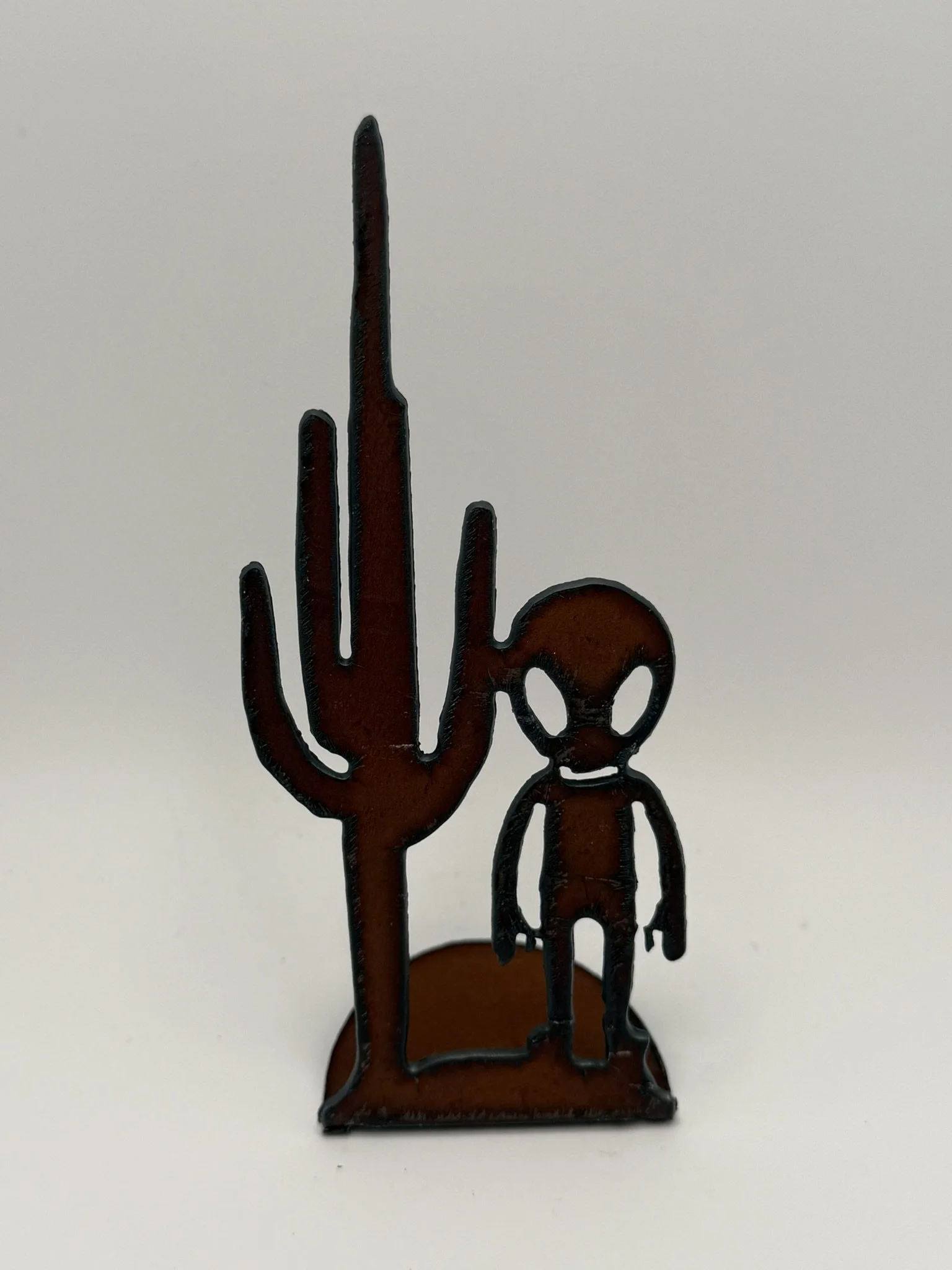 Locally Handcrafted Iron Art Alien with Saguaro Sculpture
