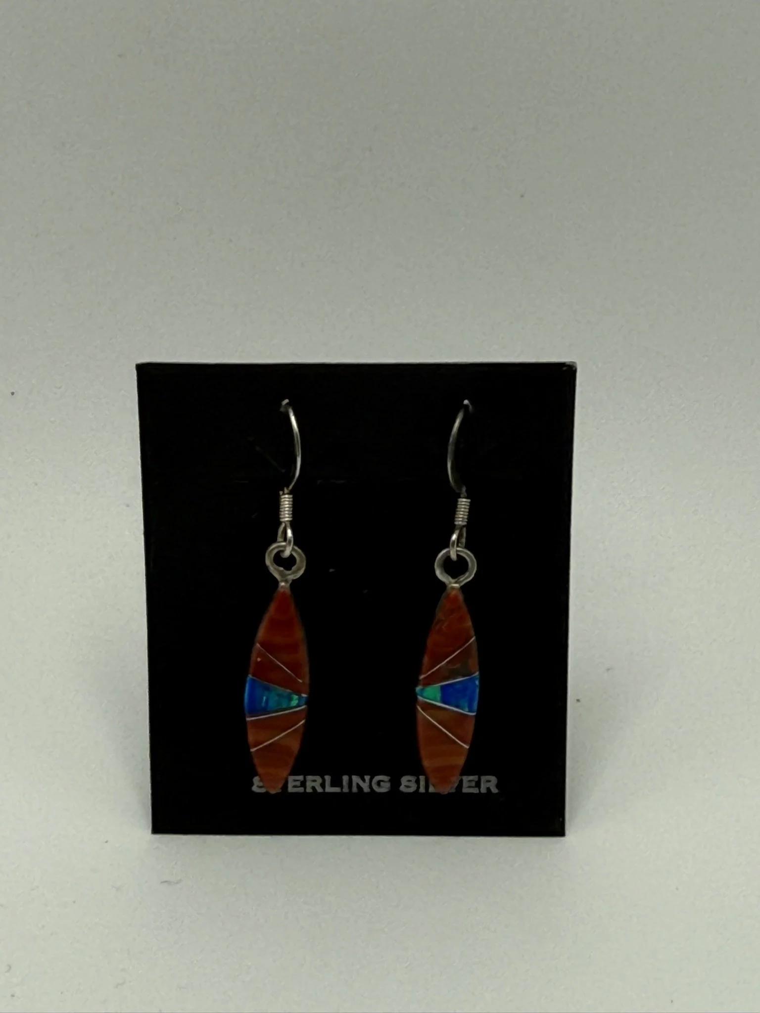 Handcrafted Sterling Silver Double-Sided Earrings with turquoise, red coral, and blue fire opal