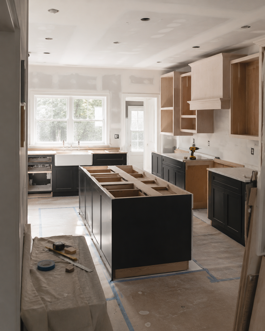 Kitchen under construction with black lower cabinets, open upper cabinets, and a central island frame.