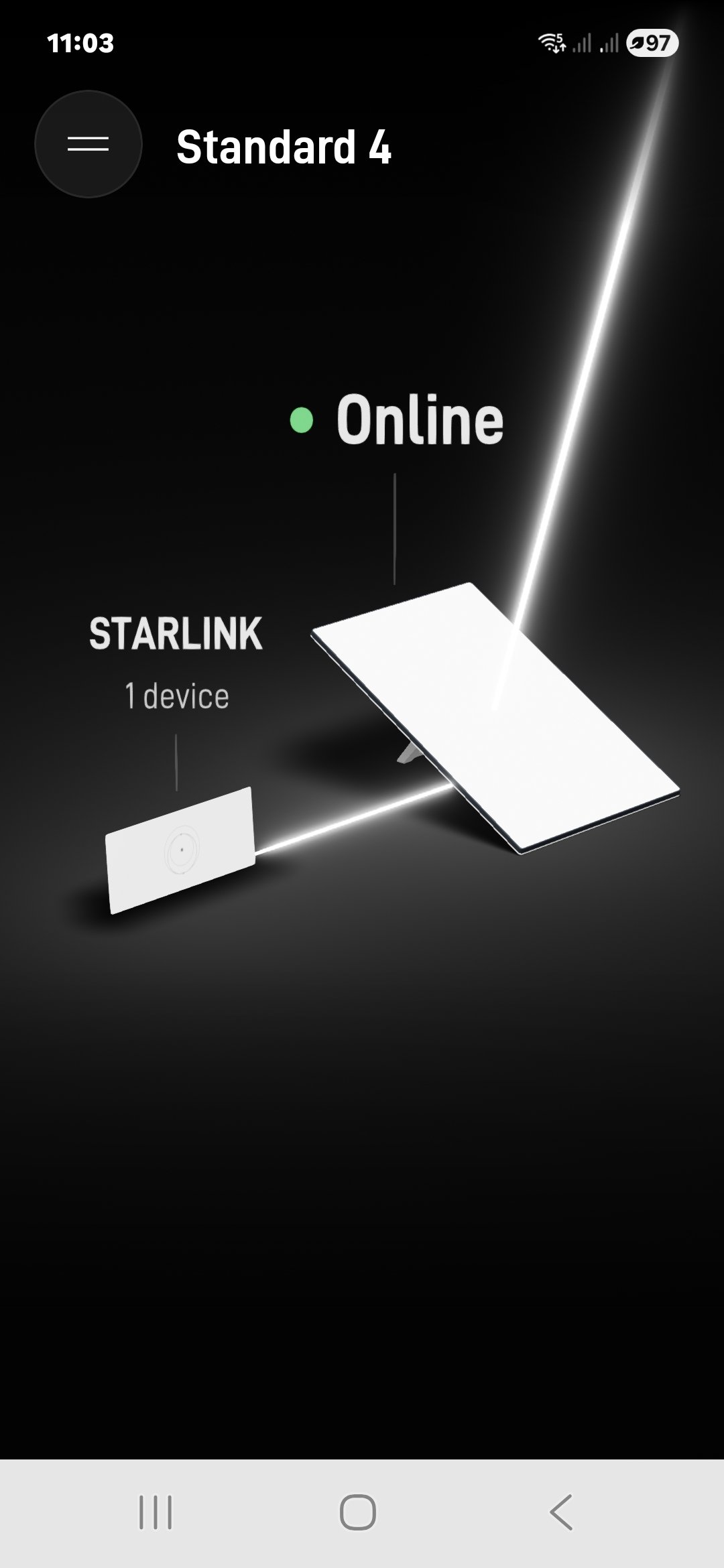 A mobile app screen showing a wireless connection setup between a smartphone and a device labeled 'STARLINK.' The 'Standard 4' plan is selected, and the connection status is 'Online' with a green indicator.