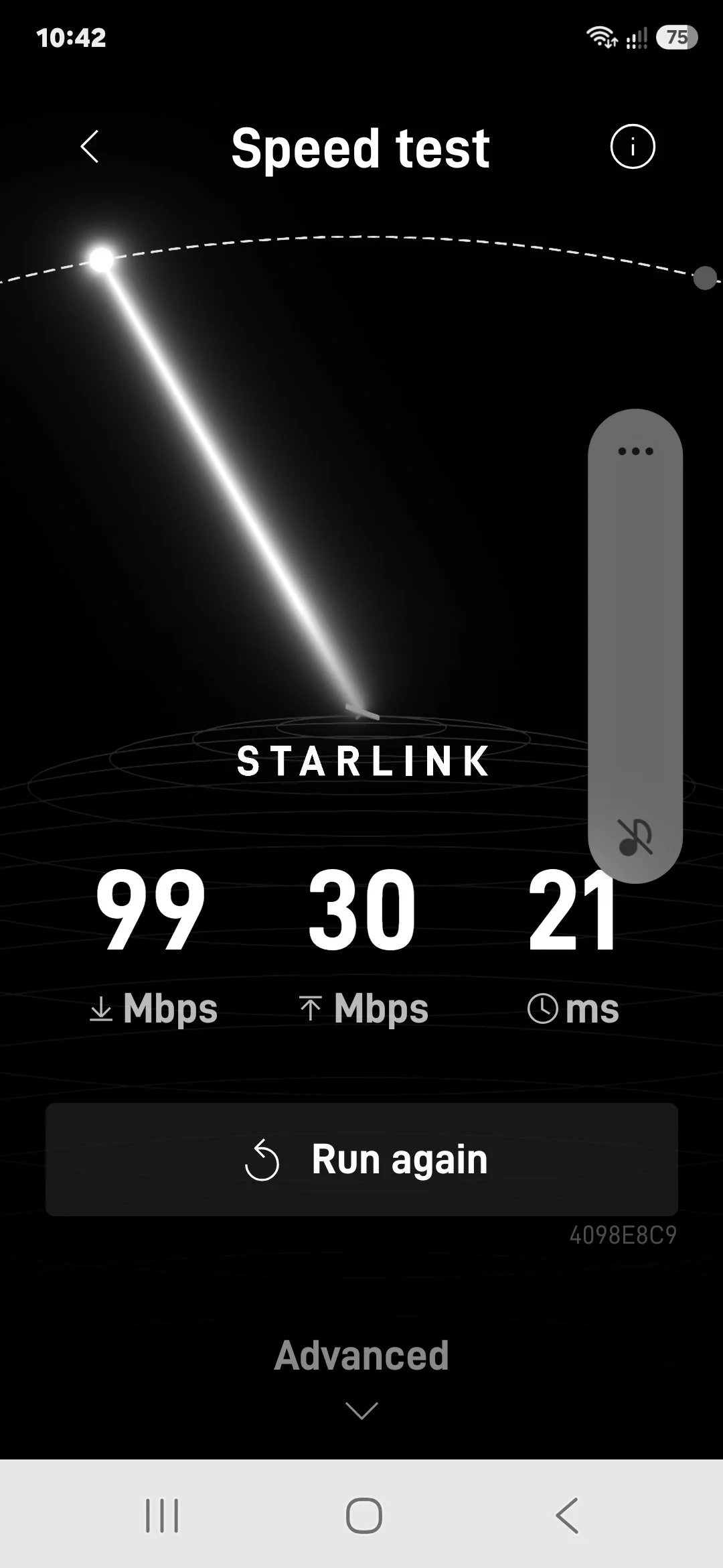 Speed test results showing download speed of 99 Mbps, upload speed of 30 Mbps, and latency of 21 ms on a black background with the word "STARLINK" and graphical elements.