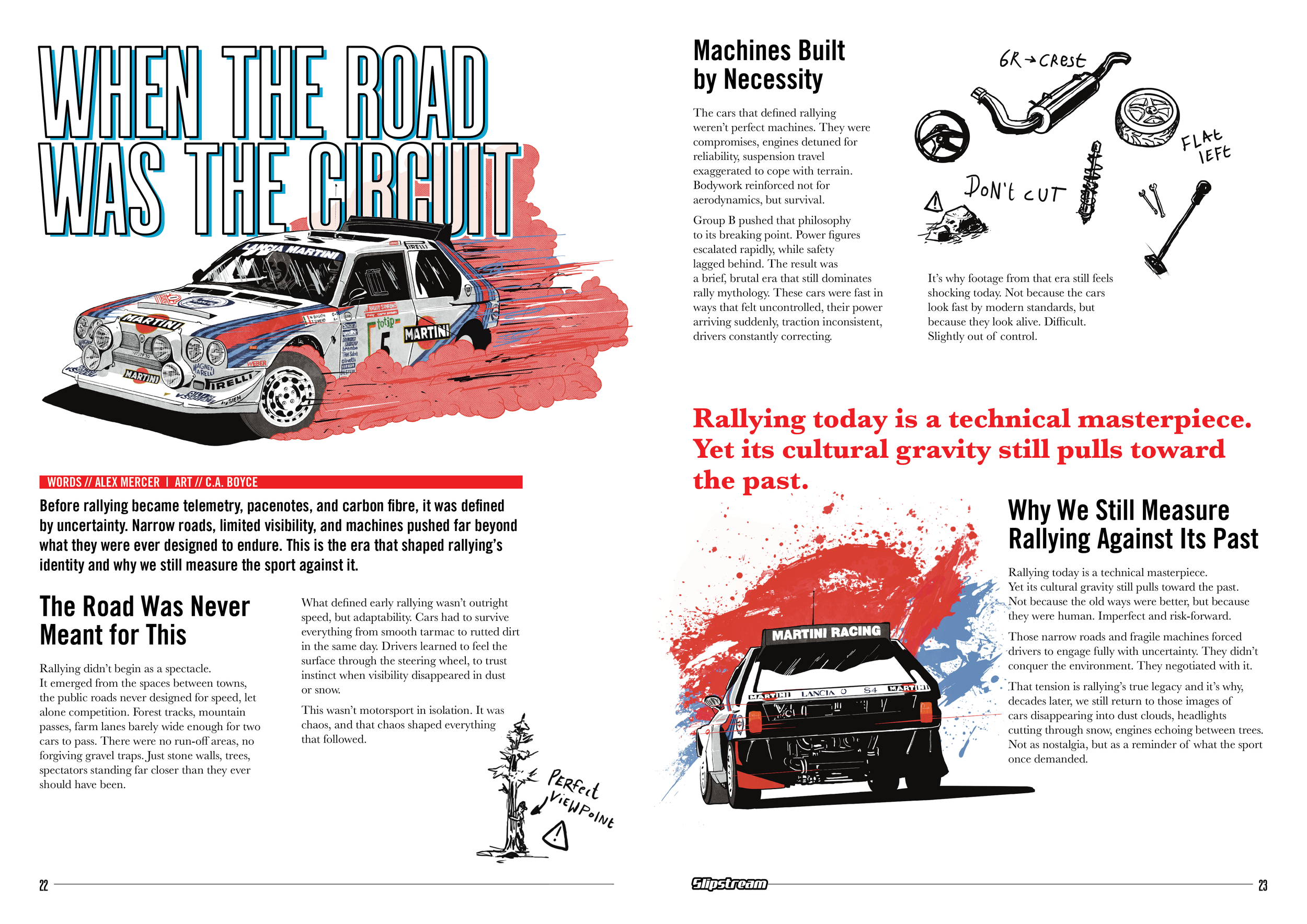 An open magazine spread with illustrations and text about rally cars, including a detailed drawing of a rally car, sketches of car parts, and handwritten notes. The headline reads "WHEN THE ROAD WAS THE CIRCUS," and there are other headlines and para