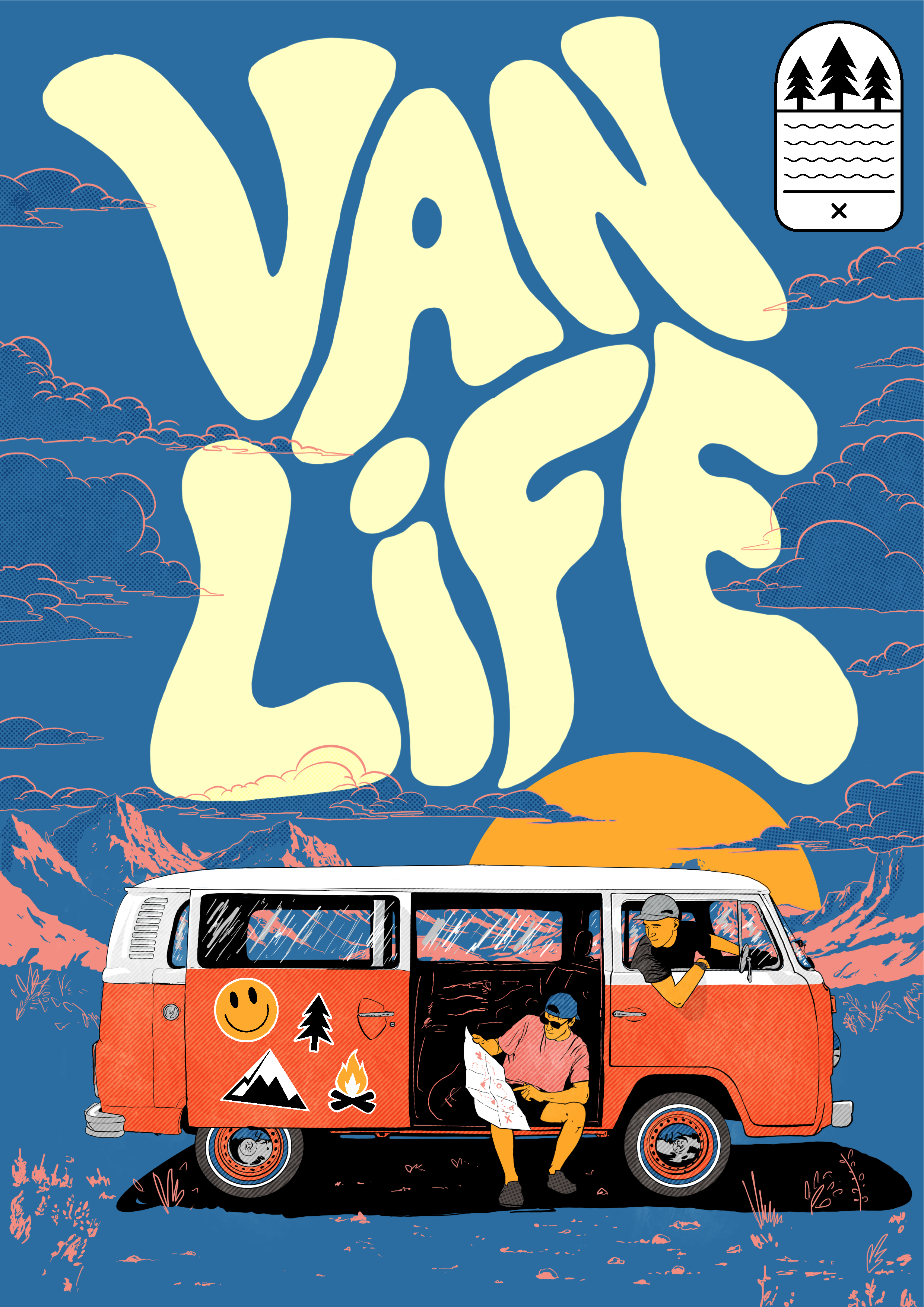 An illustrated outdoor scene showing a vintage orange and white van with stickers of a smiley face, trees, mountains, a campfire, and a torch. Two people are sitting inside and outside the van, with one reading a map and the other leaning out the win