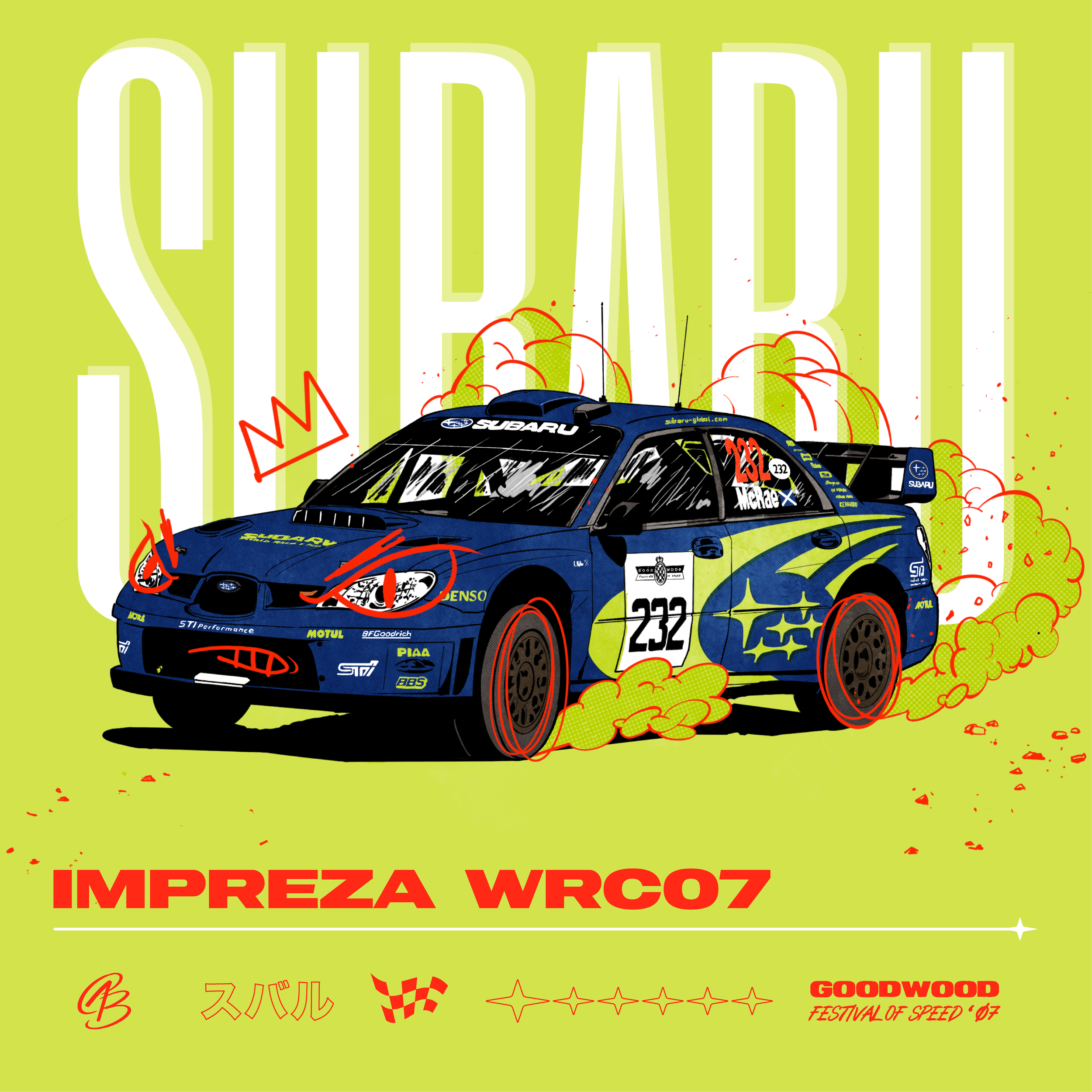 A rally car with Subaru logo and racing decals, surrounded by red speed lines and mulch clouds, on a lime green background with large white and red text.