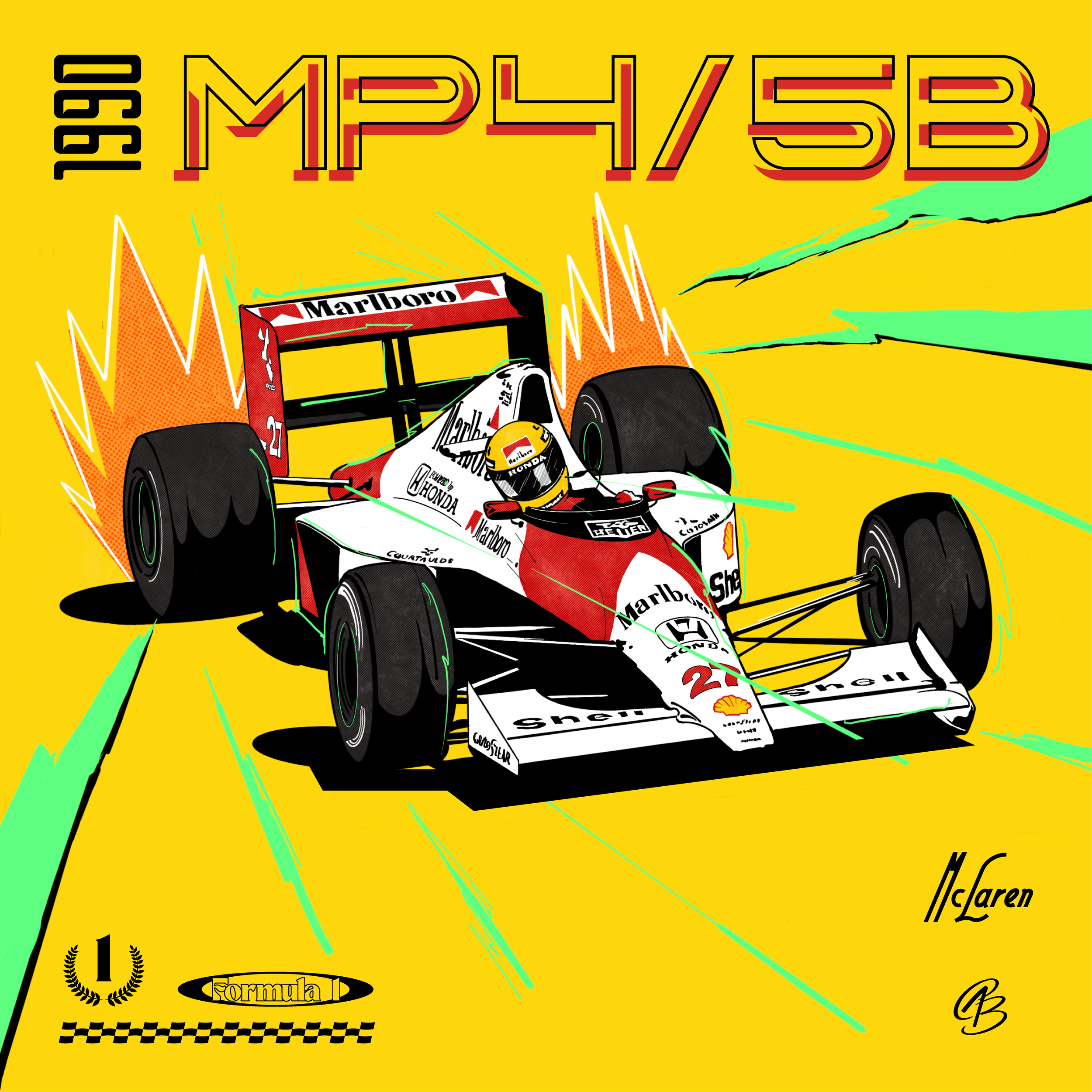 Pop art illustration of a race car on a yellow background with sponsor logos, large text reading '100 MP4/53B', and decorative elements.