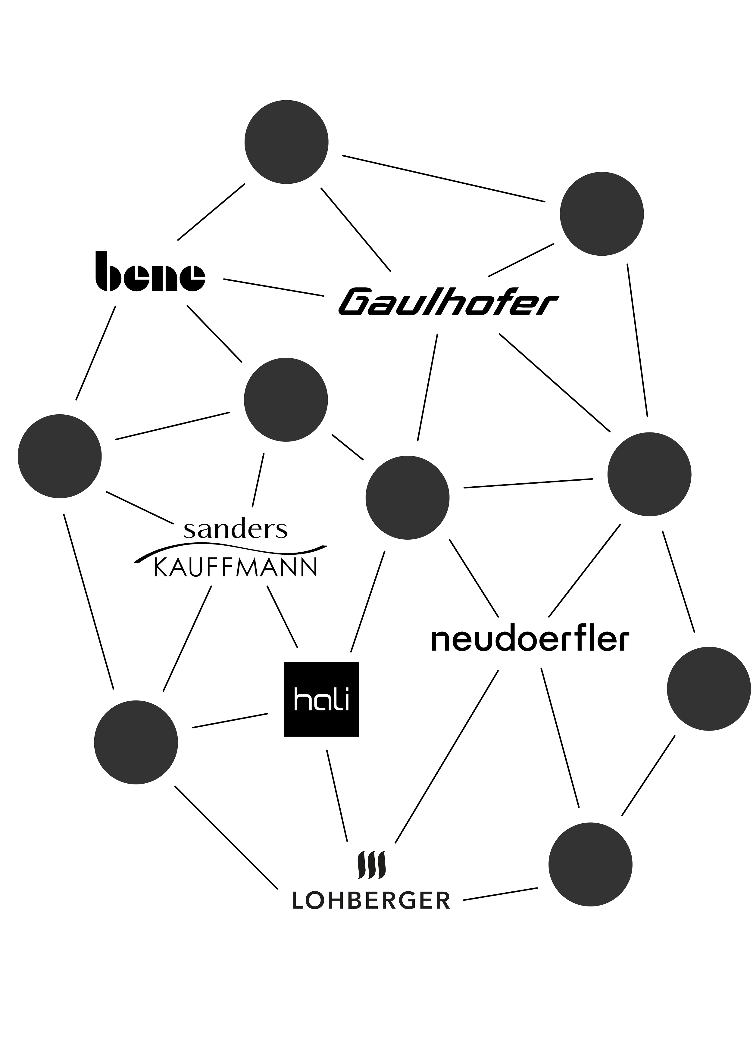 Netzwerkdiagramm von Unternehmen wie Gaulhofer, Sanders-Kauffmann, Neudoerfler, Hali, Lohberger, Bene, mit Linien, die deren Beziehungen darstellen.
