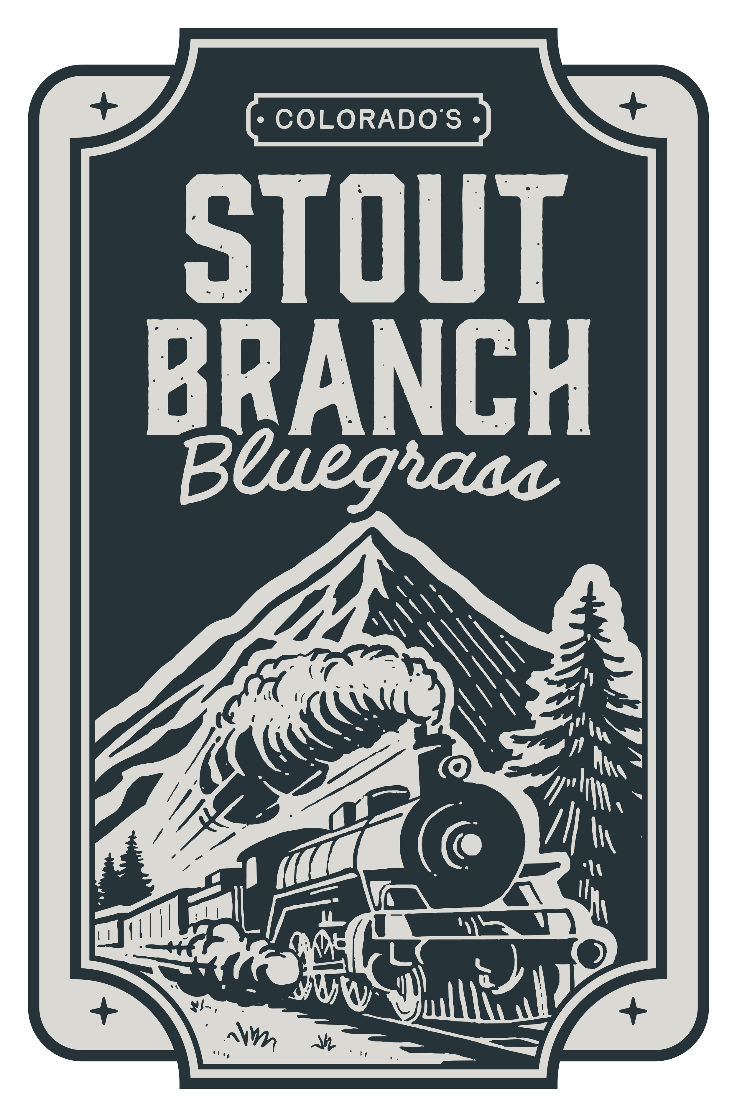 Illustration of a train moving through mountainous terrain with trees, under a mountain with smoke, on a graphic label for Colorado's Stout Branch, Bluegrass.