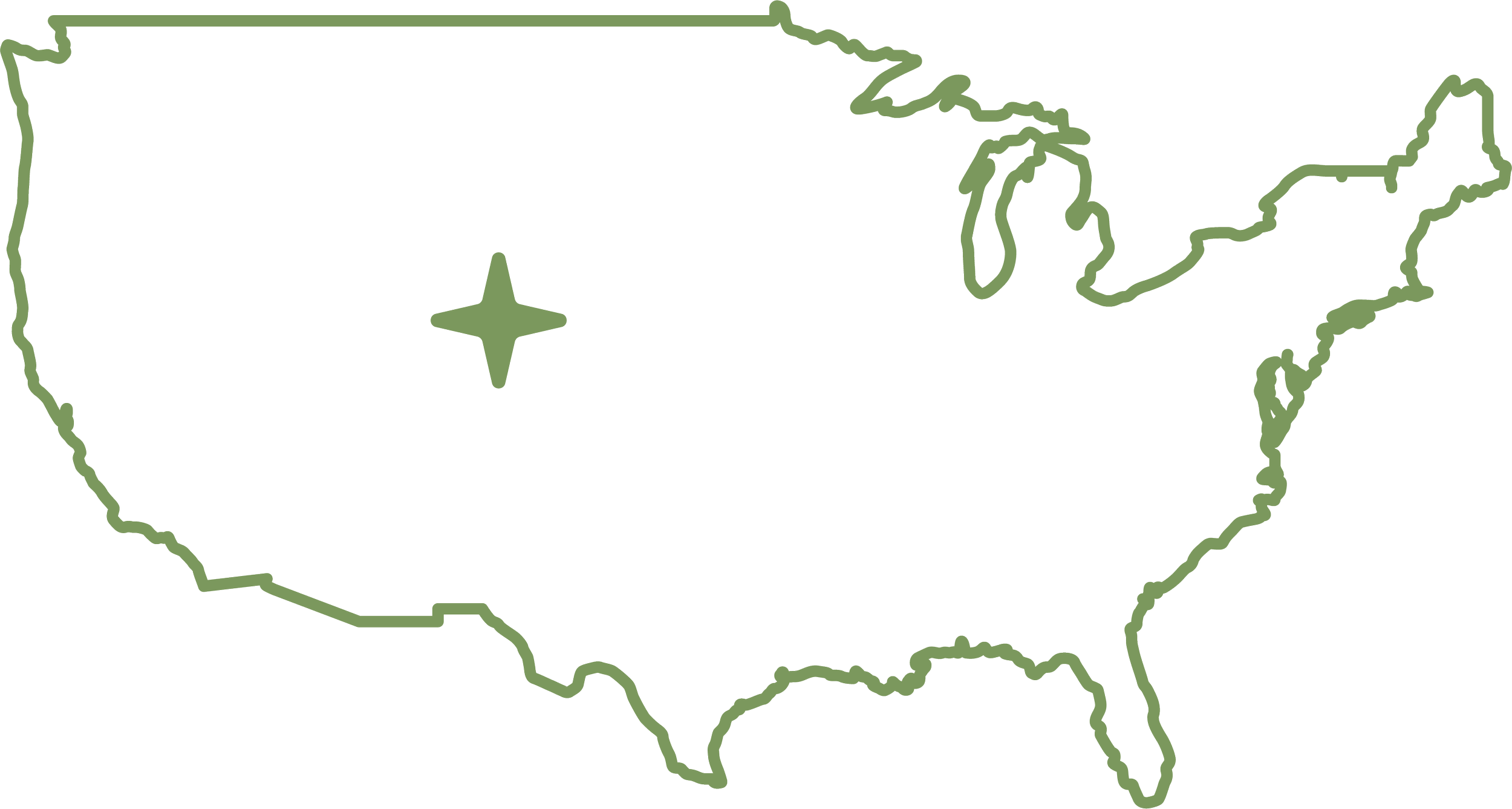 Outline of the United States map with a green border and a north arrow in the center.