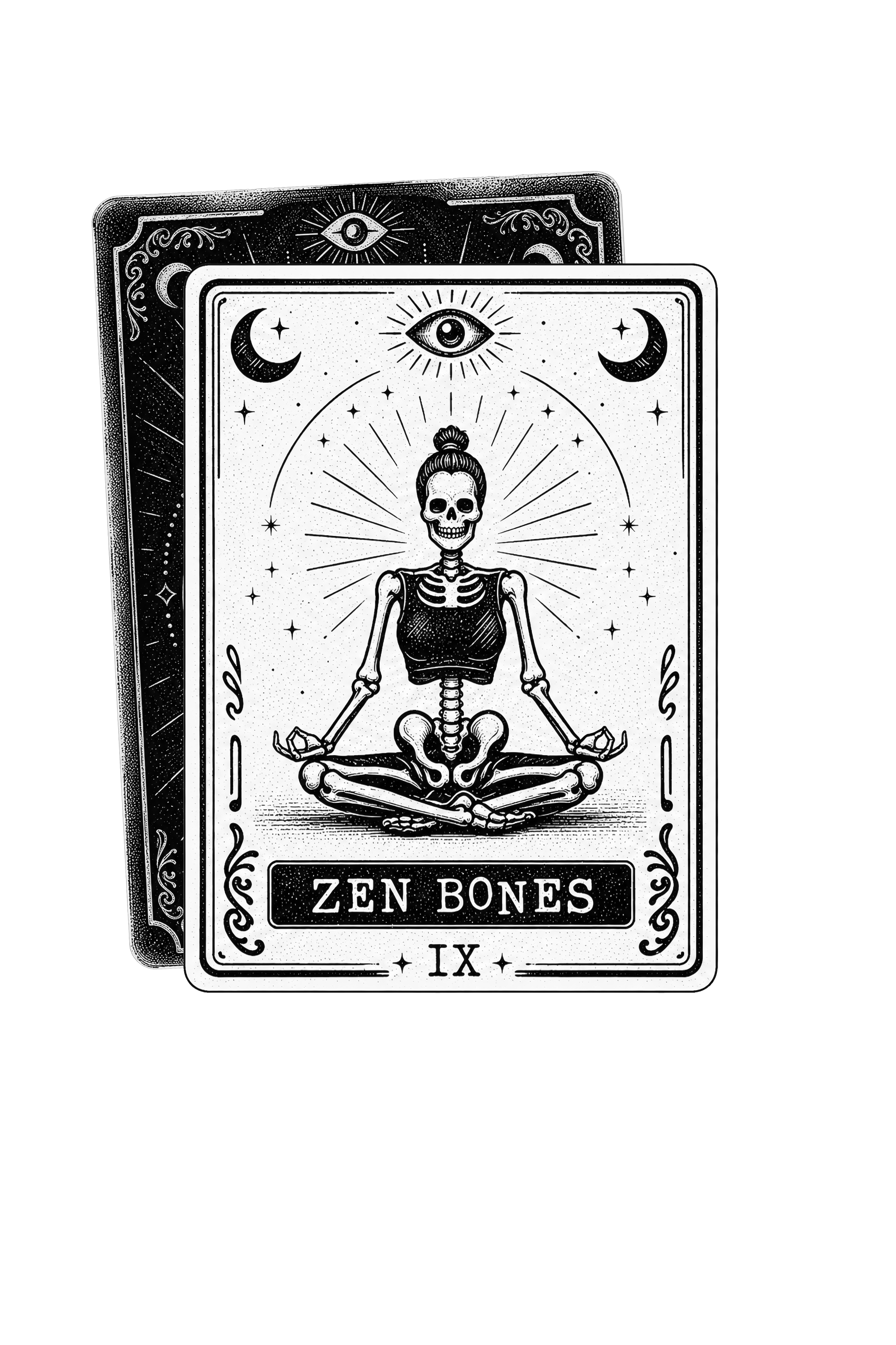A black and white tarot card titled 'Zen Bones' with a skeleton in a meditative pose, surrounded by celestial symbols including moons, stars, and an eye, with the Roman numeral IX at the bottom.