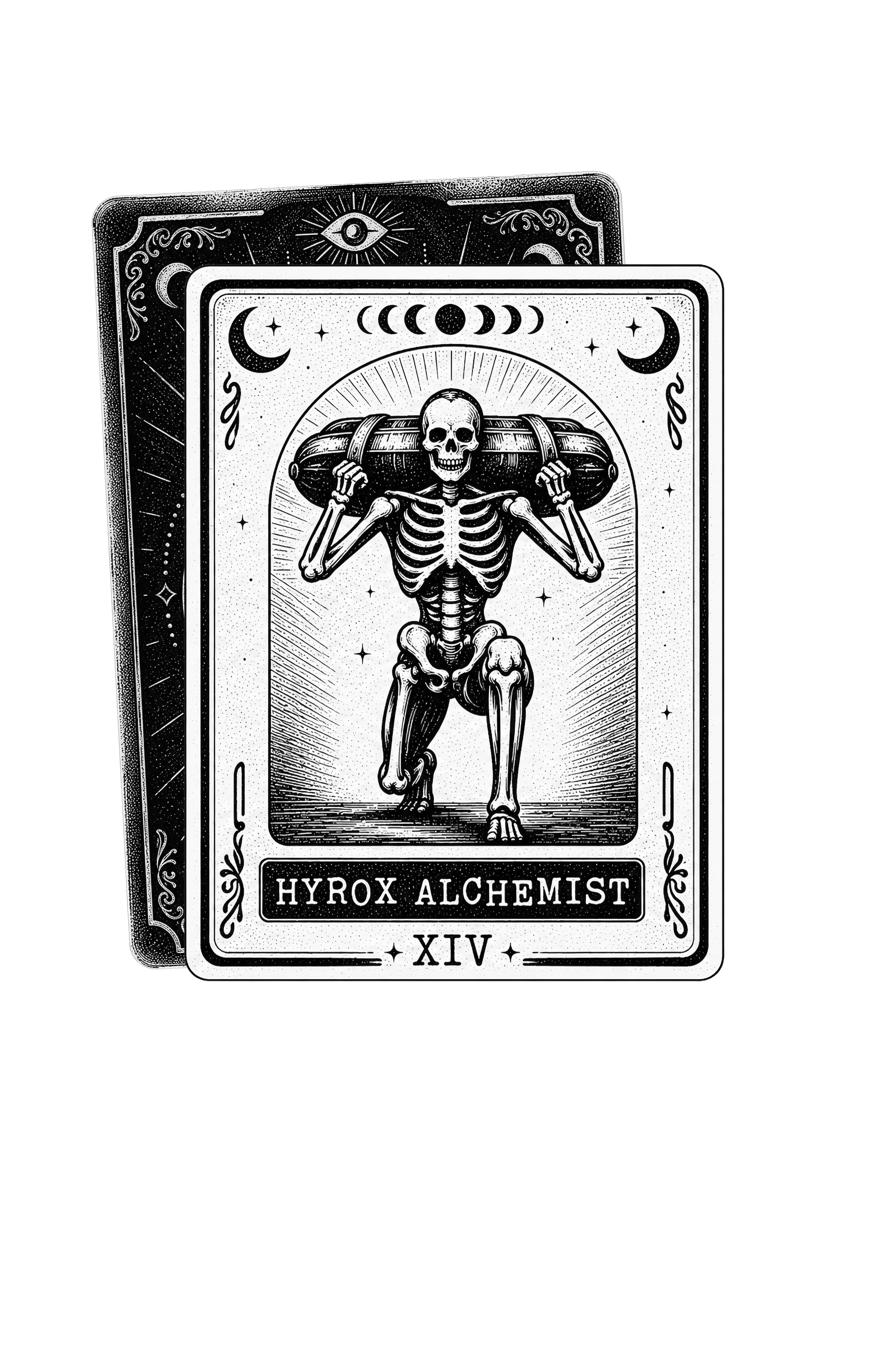 A tarot card depicting a skeleton carrying a large scroll on its shoulders, with celestial symbols such as moons and stars, labeled 'HYROX ALCHEMIST' and 'XIV'.
