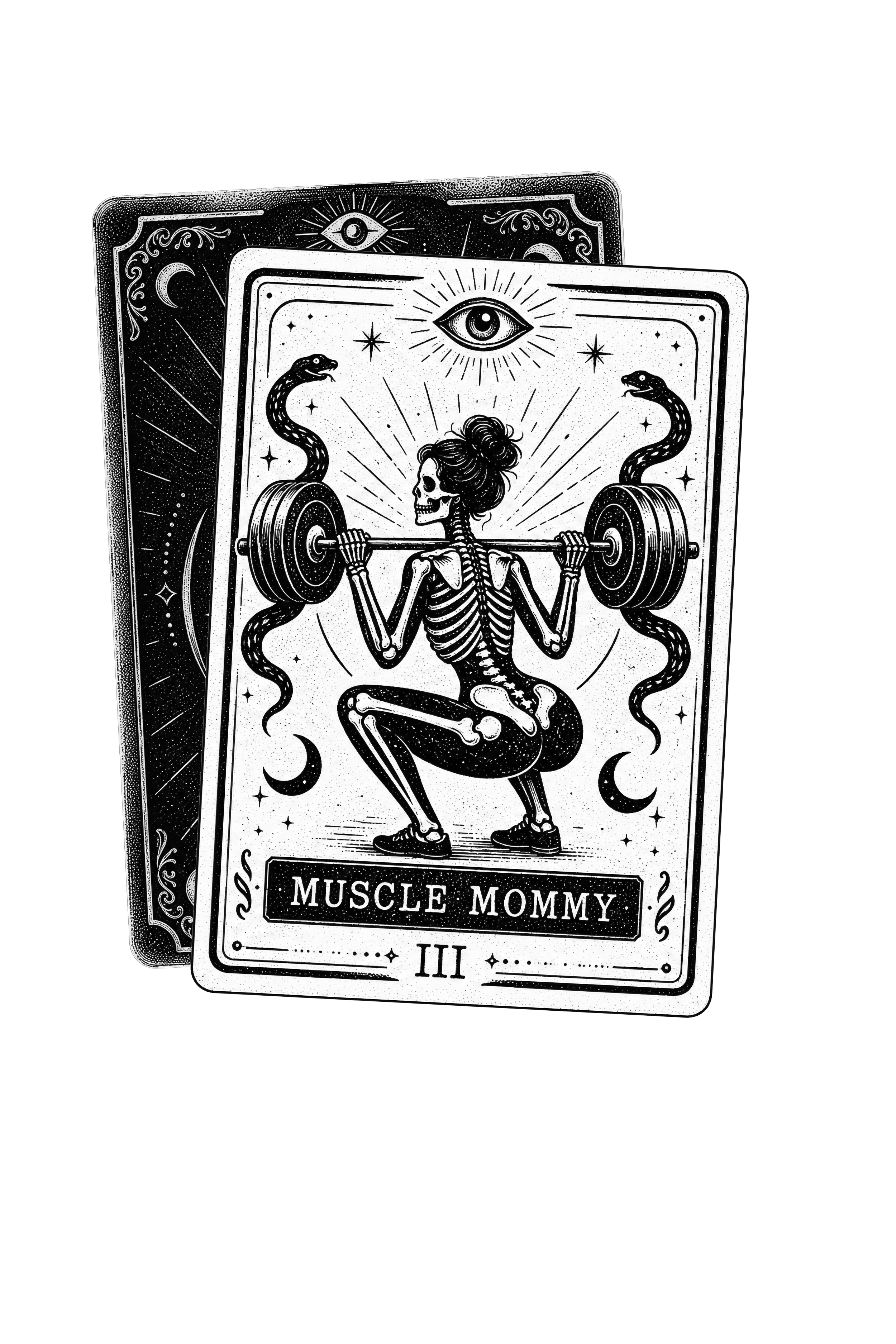 A tarot card illustration titled "Muscle Mommy" depicting a skeleton woman with curly hair lifting a barbell with weights, surrounded by celestial symbols, with a large eye at the top center.