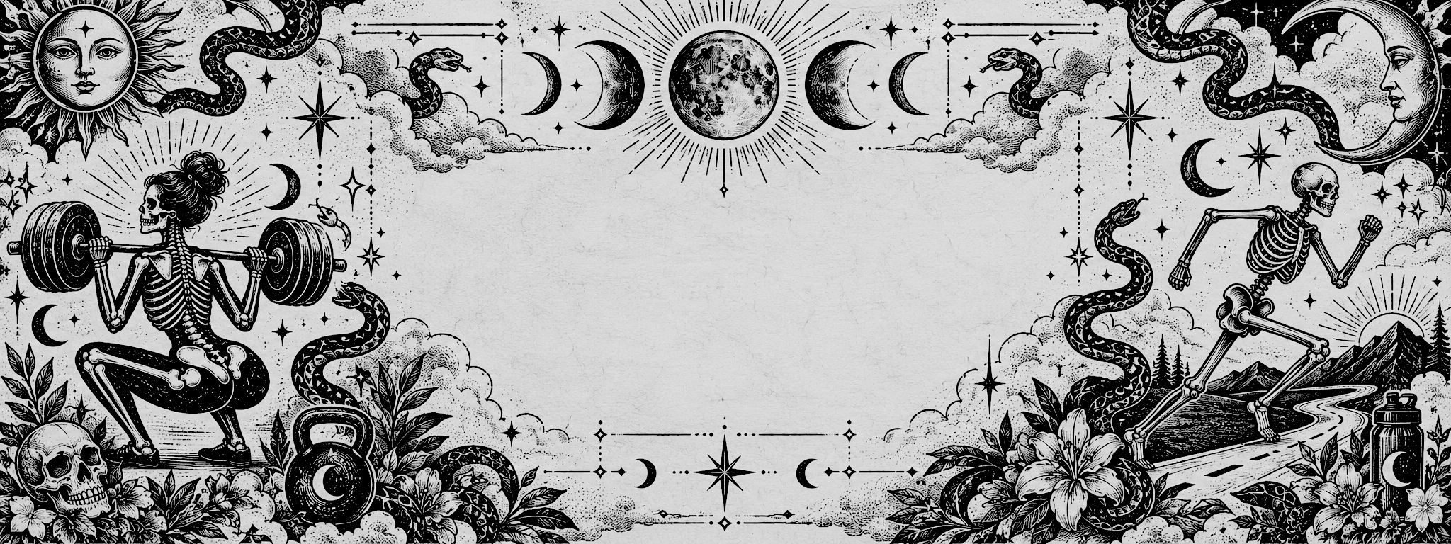 Black and white mystical illustration of the moon phases, sun, stars, clouds, flowers, skulls, a woman lifting weights with a skeleton's body, a running skeleton, a winding path, and a snake, blending celestial and skeletal themes.