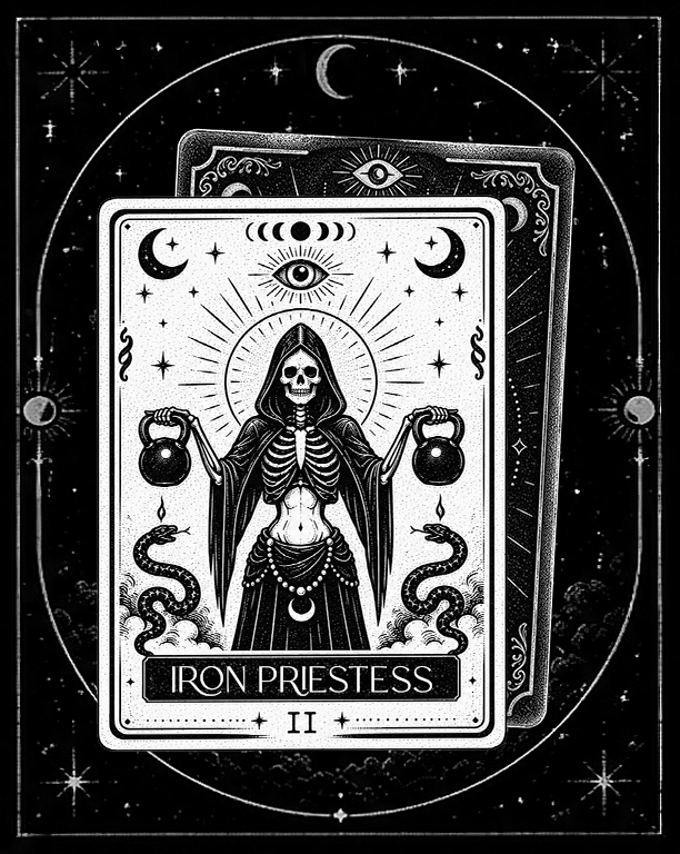 A black and white tarot card titled "Iron Priestess" featuring a skeletal female figure with a skull face, holding two kettlebells, surrounded by celestial symbols such as moons, stars, and an eye above her head.