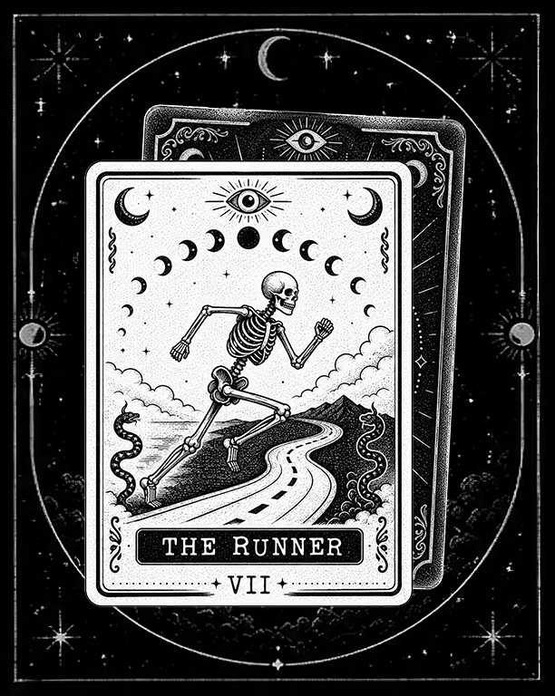 A tarot card called 'The Runner' showing a skeleton running on a winding road, with a moon and stars in the sky, and a series of moon phases above. The card is numbered VII, with a mystical background of celestial symbols.
