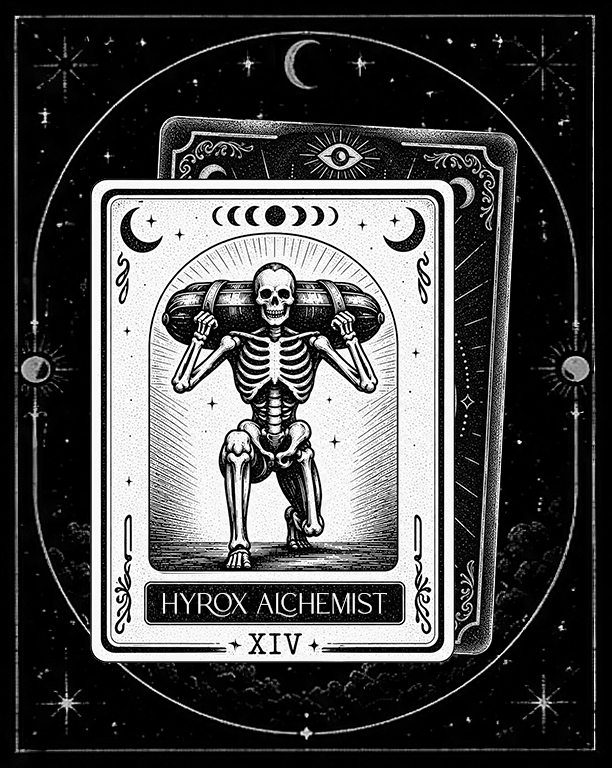 A tarot card titled 'Hyrox Alchemist XIV' depicts a skeleton carrying a large rock over its shoulders, with a background of moon phases and stars.