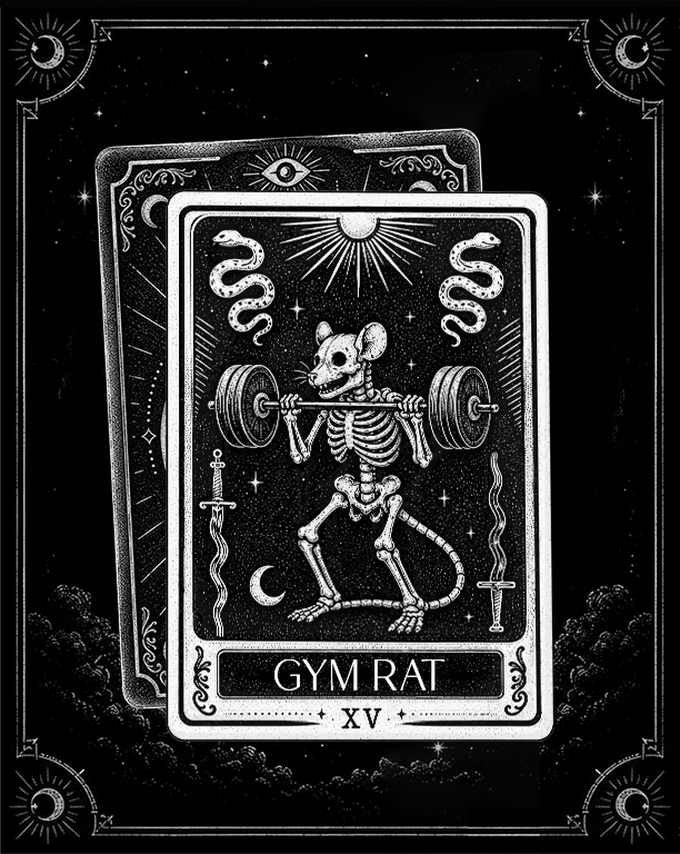 A tarot card titled "Gym Rat" with the Roman numeral XV. It depicts a skeleton mouse lifting a barbell, surrounded by celestial symbols like the sun, moon, stars, and snakes.