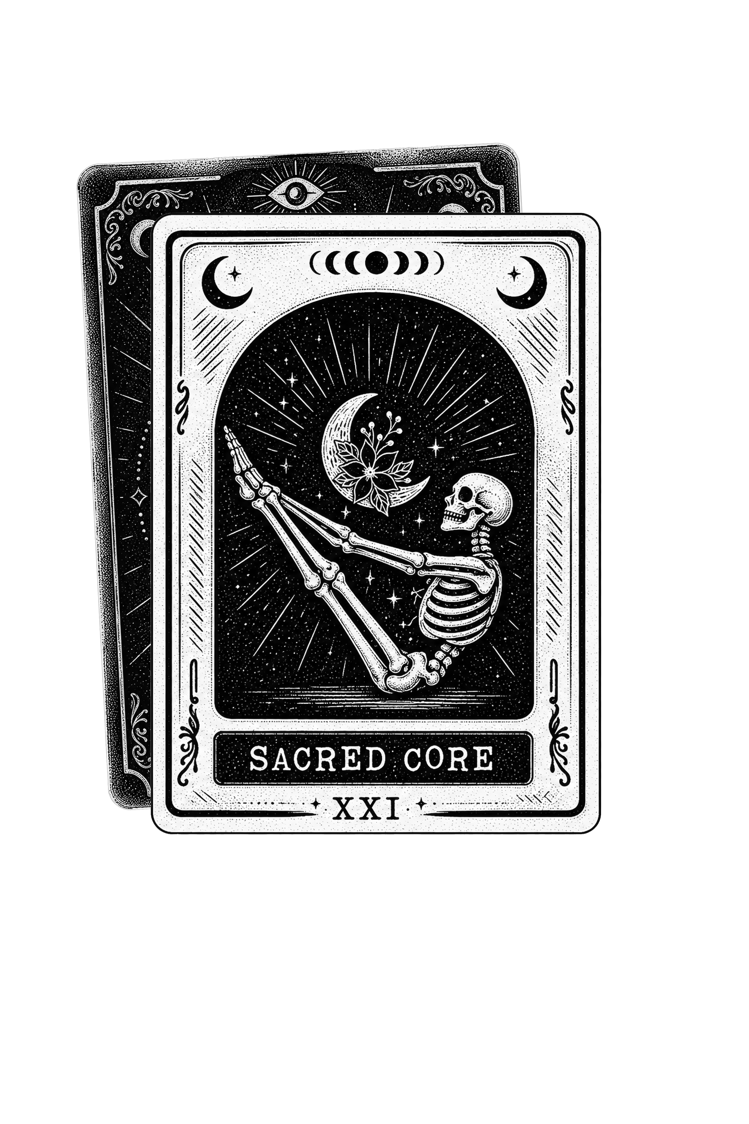 Black and white tarot card with a skeleton holding a crescent moon and flowers, surrounded by celestial symbols, titled 'Sacred Core' with Roman numeral XXI.