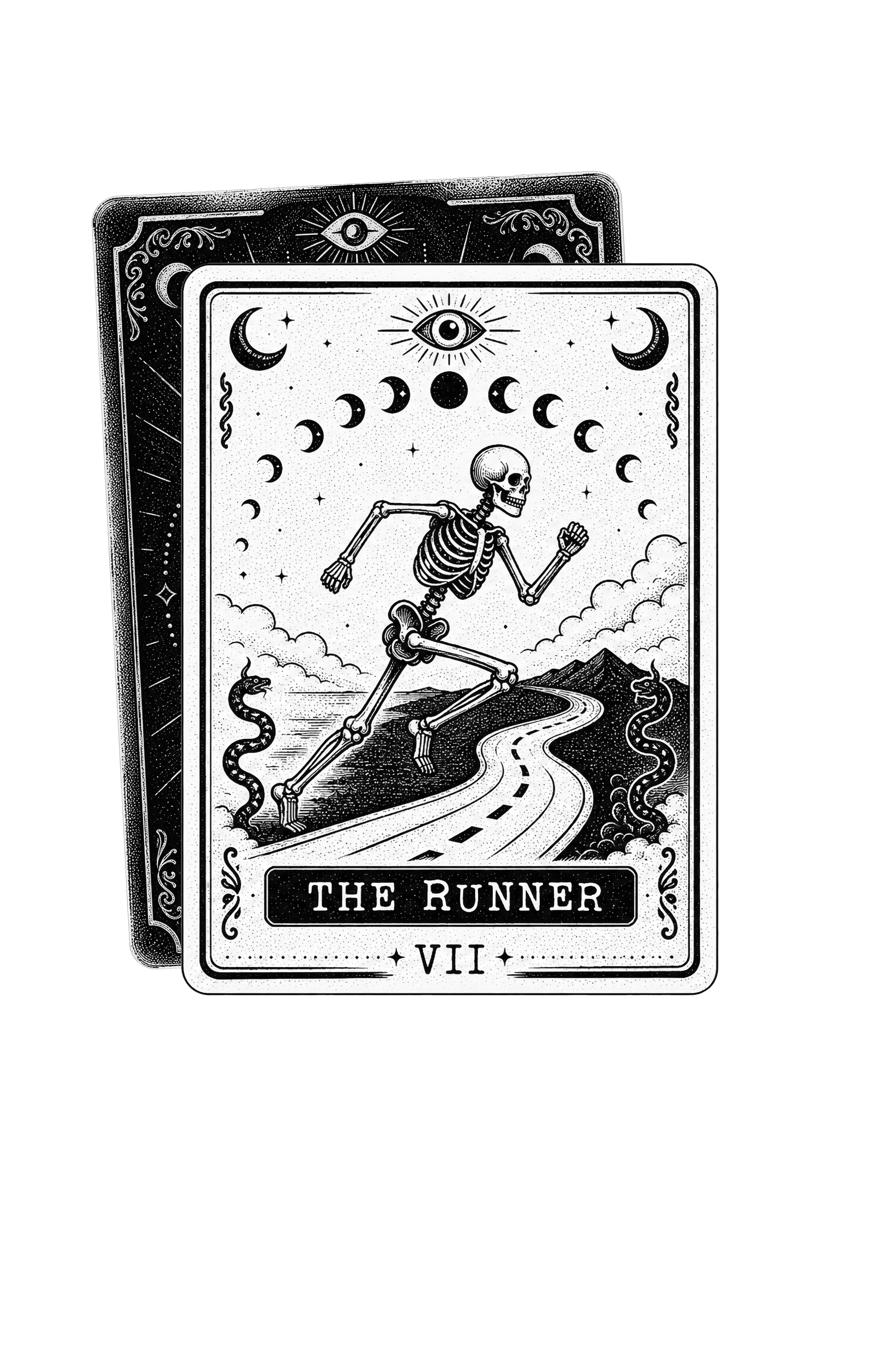 Black and white tarot card illustration titled "The Runner," featuring a skeleton running along a winding road with mountains, clouds, and a night sky with moons, stars, and crescent moons.