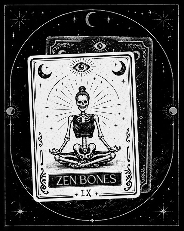 Tarot card featuring a skeleton in a lotus position with glowing rays behind, inscribed with "Zen Bones" and the Roman numeral IX, with cosmic symbols and eyes in the background.