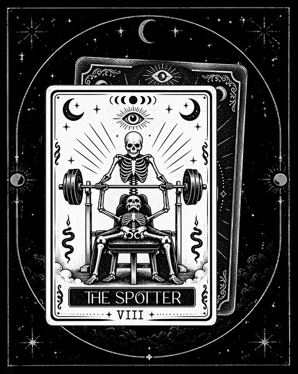 Tarot card titled 'The Spotter' with a skeletal figure lifting a barbell, surrounded by celestial symbols like moons, stars, and an eye.