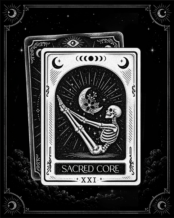 Black and white tarot-style card with an illustration of a skeleton sitting with its knees drawn up, holding a crescent moon with a flower near it, surrounded by stars and celestial symbols. Text reads 'Sacred Core' with Roman numeral XXI at the bott
