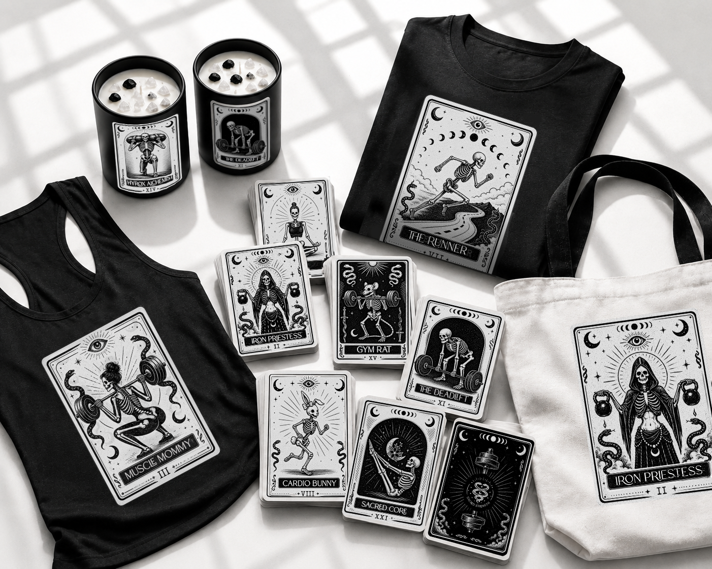 Black and white tarot-themed merchandise including tarot cards, candles, t-shirts, and a tote bag with skeleton and skeleton-related designs featuring titles like 'Muscle Mommy,' 'The Runner,' 'Iron Priestess,' 'Gym Rat,' 'Sacred Core,' and 'The Deadlift.'