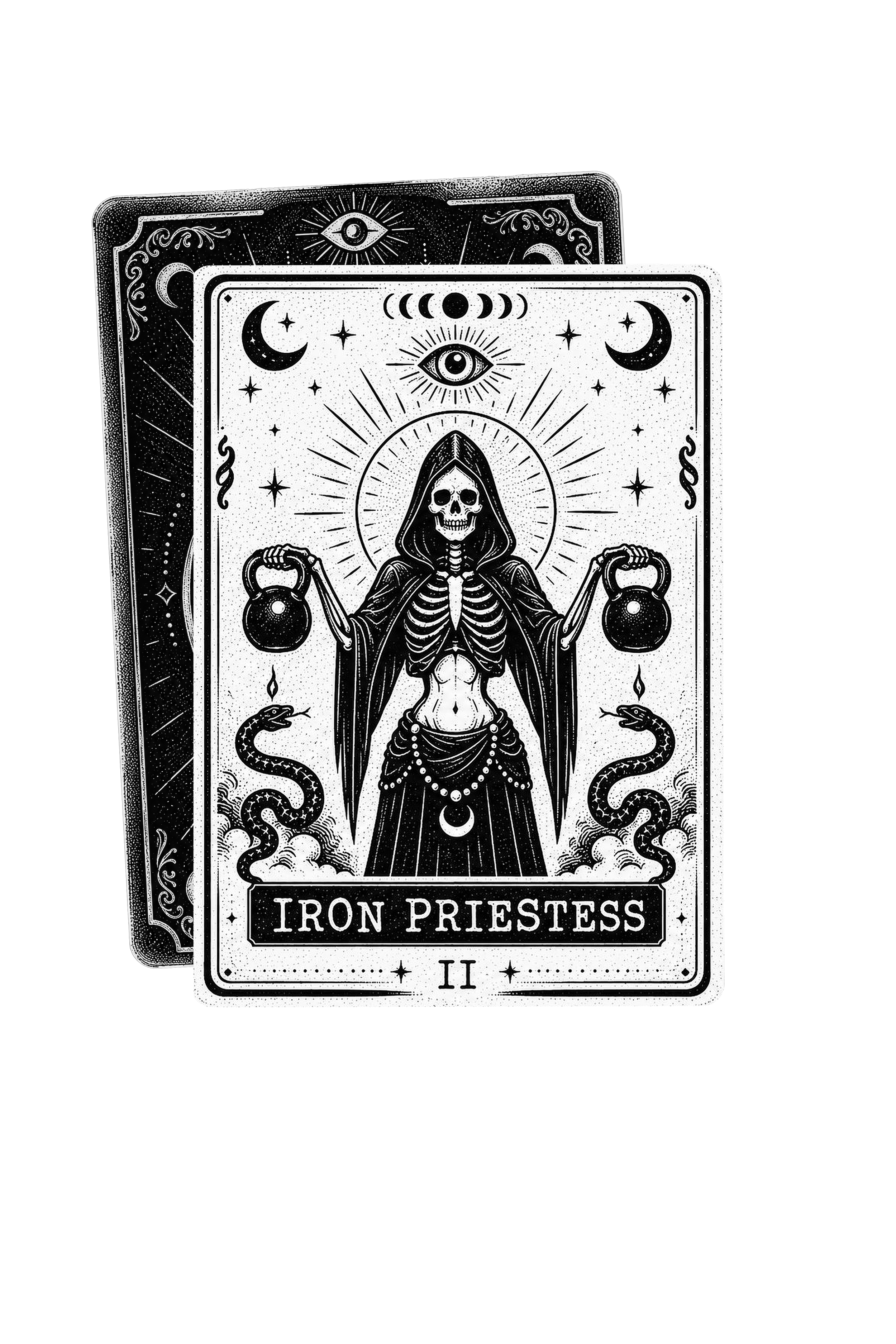 Black and white tarot card illustration titled 'Iron Priestess II', depicting a skeletal female figure with a hood, holding two kettlebells. The background features celestial symbols including moons, stars, and an eye at the top.