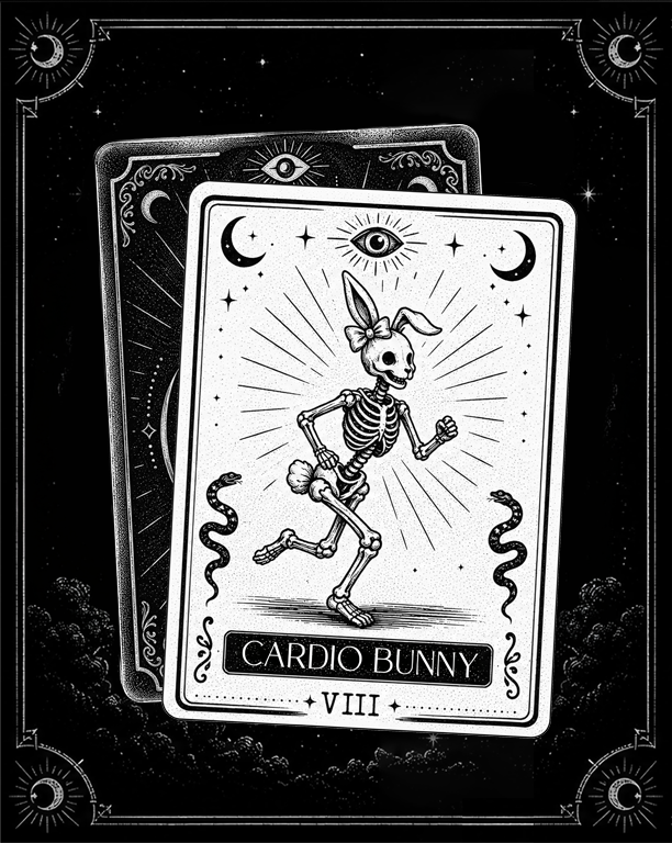 An illustration of a skeleton with bunny ears, running, with rays emanating from its head, surrounded by moons, stars, and snakes, with the text "Cardio Bunny" and Roman numeral VIII at the bottom.