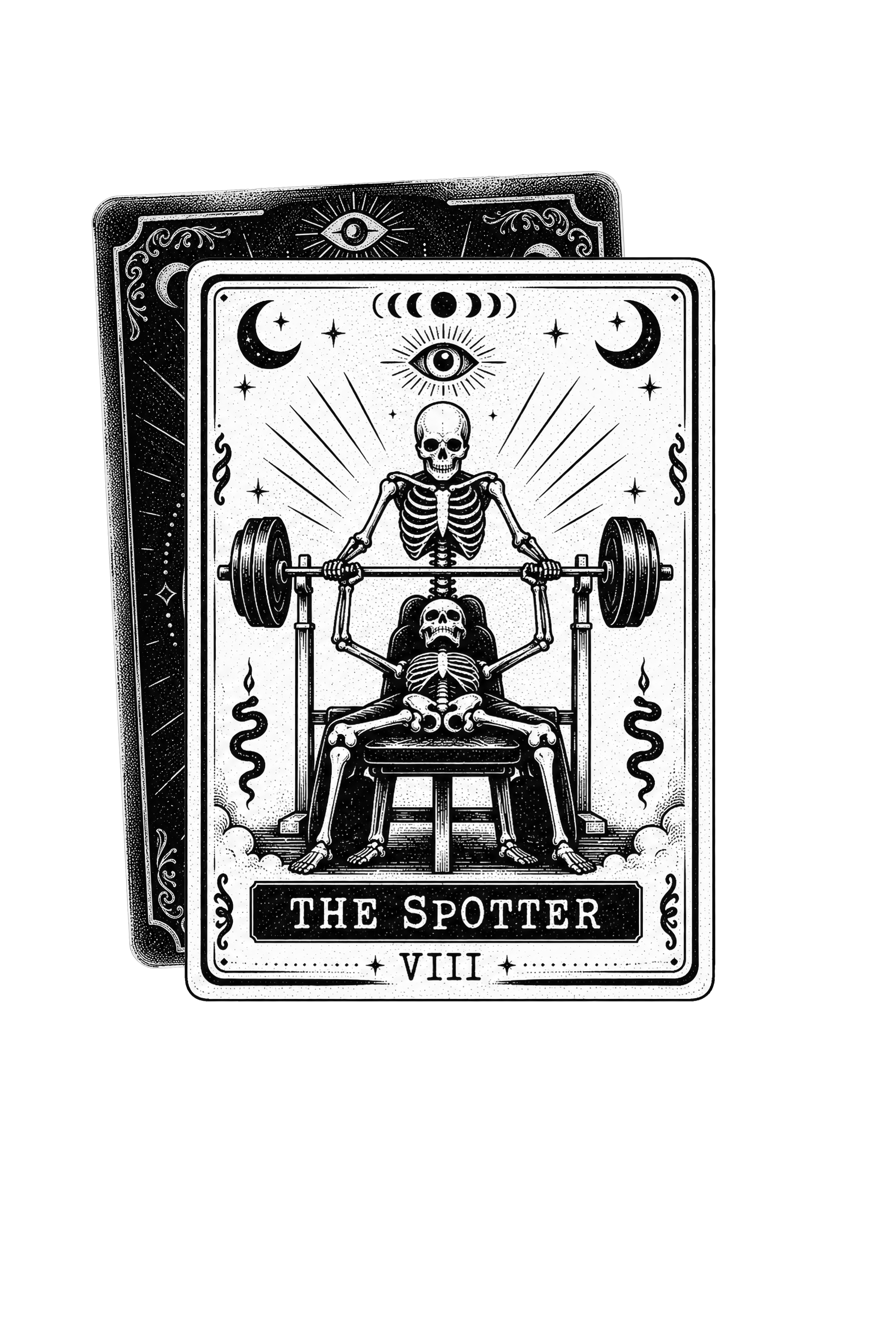 A tarot card titled 'The Spouter VIII' in black and white, featuring a skeleton lifting a barbell with a skull on its chest, and surrounded by celestial symbols like the moon, stars, and an eye.