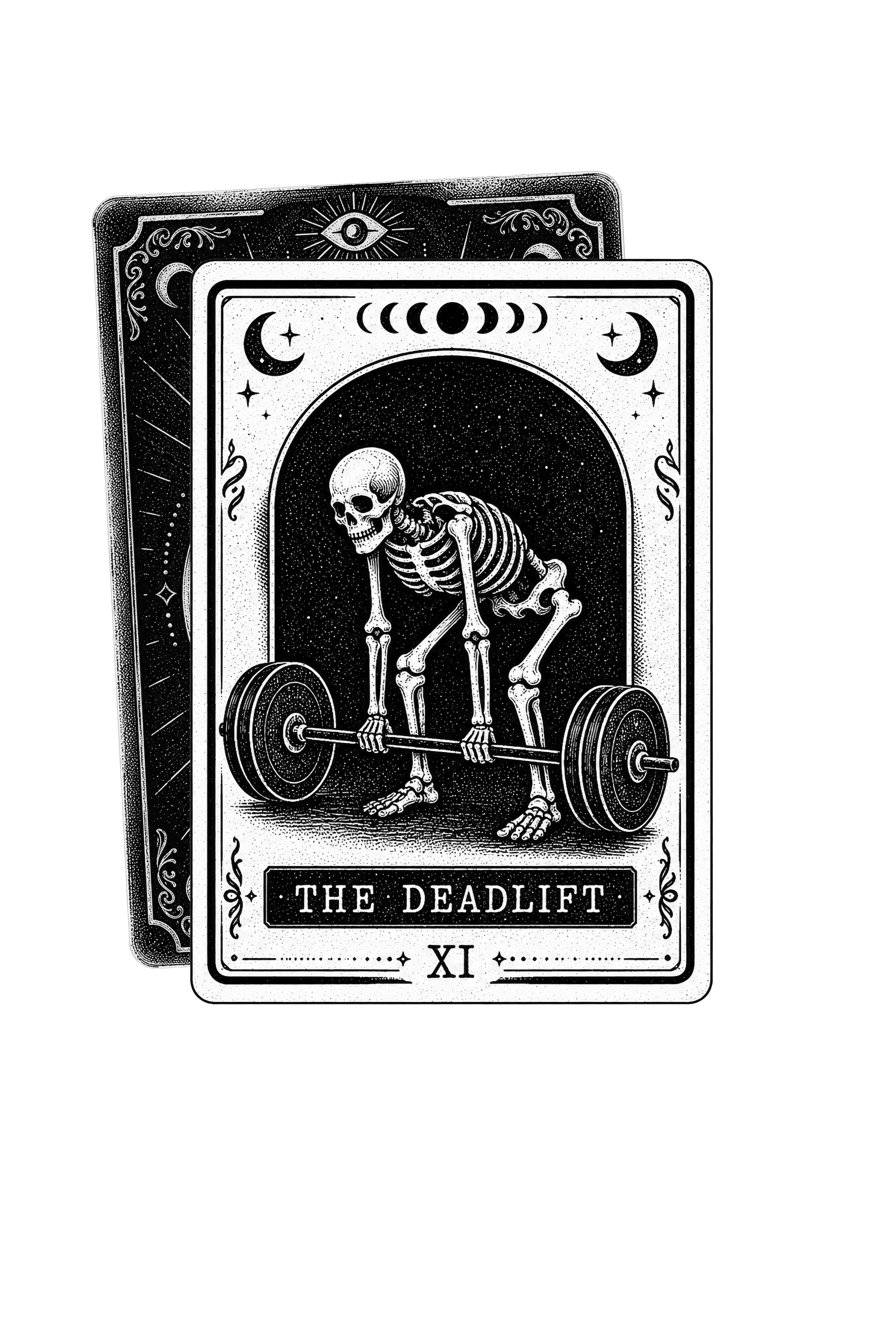 A tarot card illustration titled "The Deadlift XI" features a skeleton lifting a barbell, set against a black background with celestial symbols and moon phases above it.