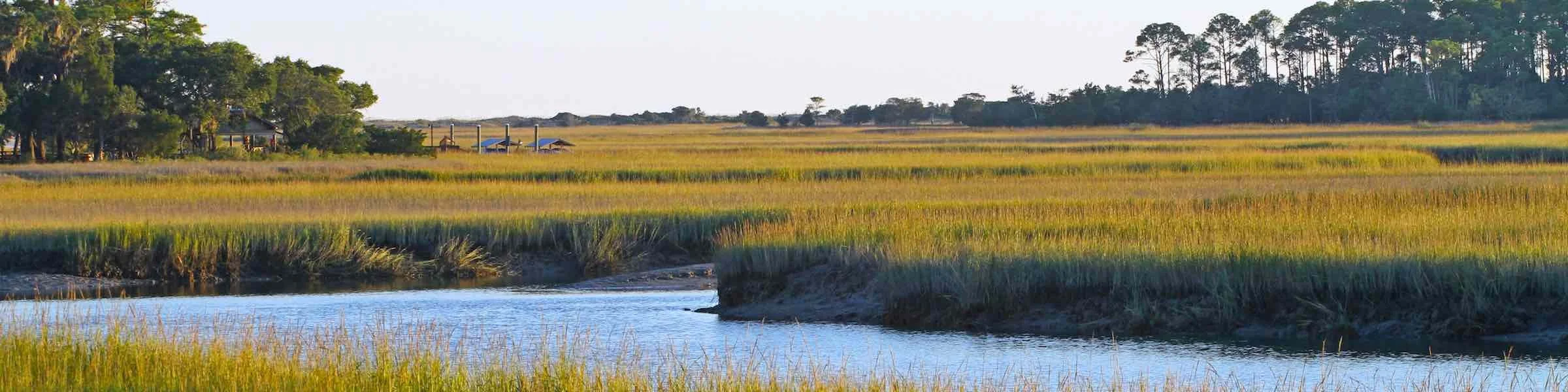 A scenic view of a marshland with a winding blue waterway, surrounded by green and yellow grasses, with trees in the distance and a small pavilion or shelter on the left side.