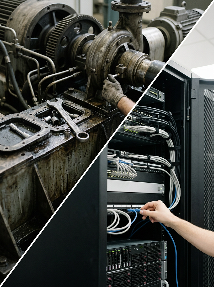 Left side: Old industrial machinery with gears, pipes, and wrenches. Right side: Modern data center server rack with a technician connecting a cable.